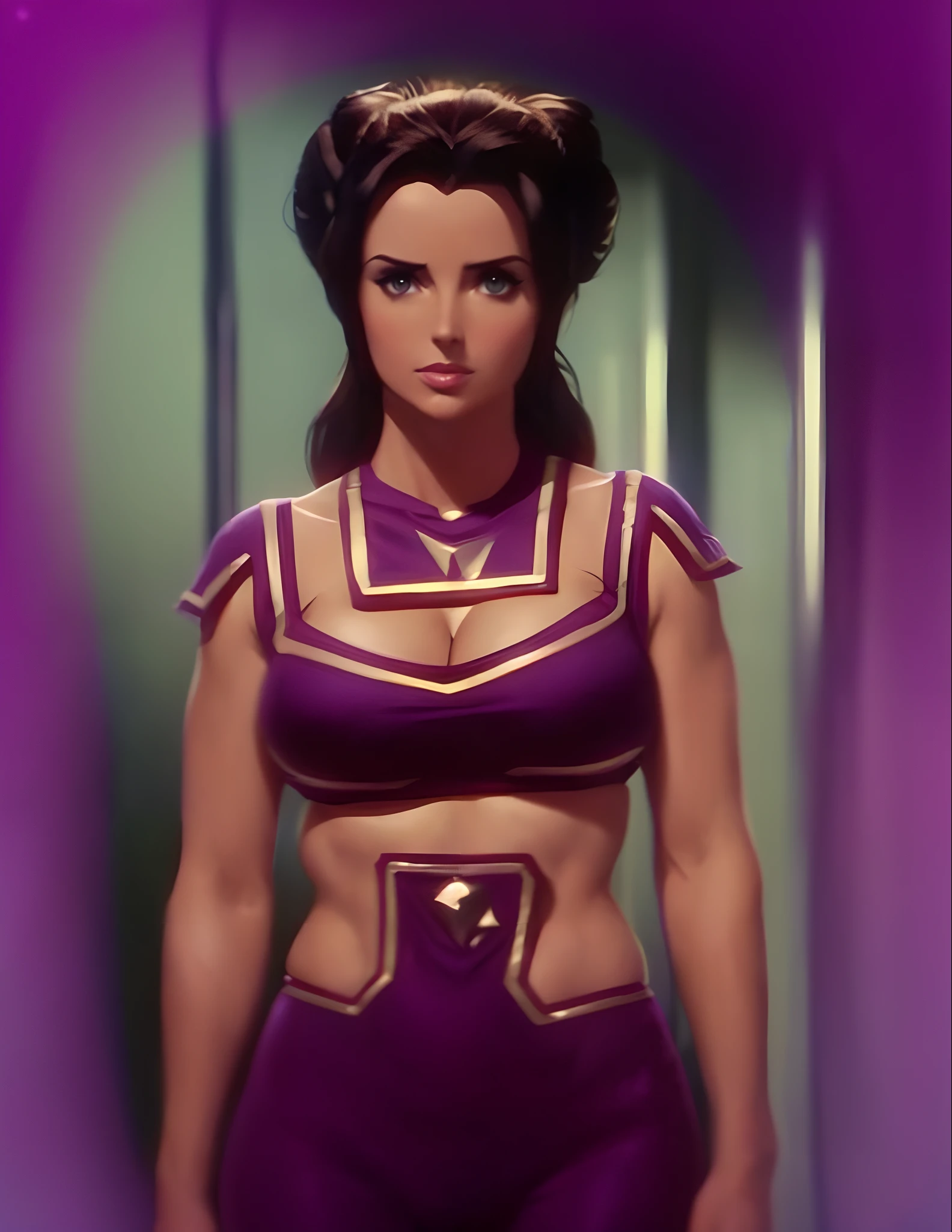 Nubile Karen McDougal), (Young seductive ?????? Karen mcDougal), as Star Trek character Losira, as Star Trek Original Series character Losira, diabolical, irresistible & temptuous, pale skin, dark hair, lithe bodacious body, (big elaborately coiffed hair with large side rolls), (wearing purple genie harem clothing, very obvious camel toe, very obvious underboobs, in star trek the original series, (4K, 8K, best resolution), cinematic, hyper-detailed, hyper-sharp, hyper-realistic, symmetrical, "100% anatomically correct", octane render