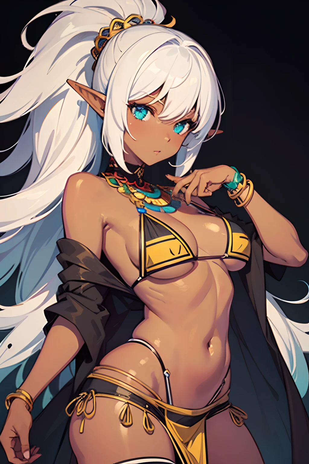 Ultra Detailed, big breast, 1girl, Official Art, Unity 8k Wallpaper, fanart, commissioned art, professional artist, digital art, alluring, ((flat color)), ((celshade)), african tribal girl, tribal people, dark skin, african race, african tribe, african culture, african skin, wavy hair, silver hair, elf ears, (milf), mature, wife materials, close up