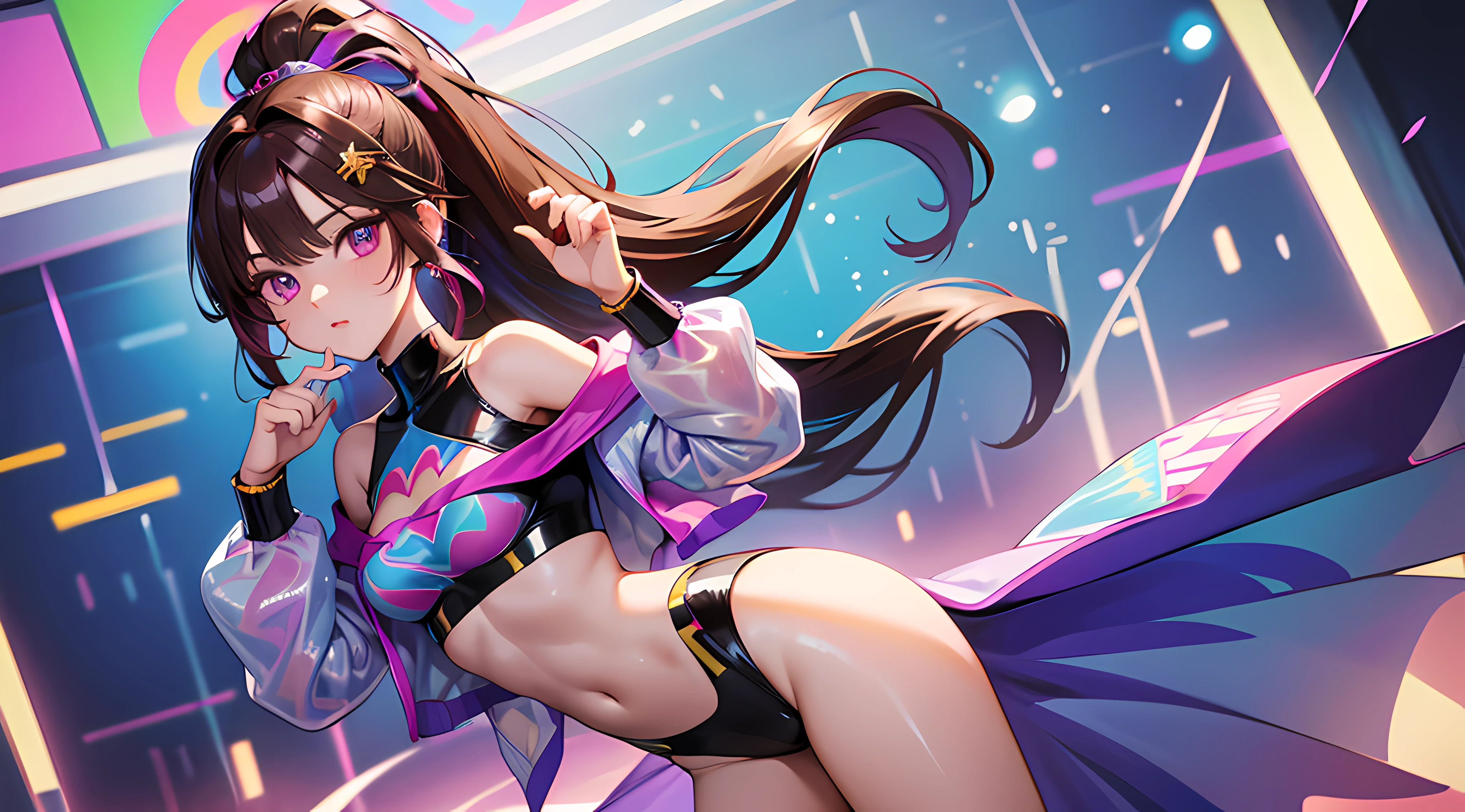 ((Masterpiece)), best quality, absurderes, ultra detailed, holographic, cowboy shot, golden ratio, super cute girl, mature girl, idol girl, super beautiful asian girl with very beautiful violet glowing eyes, beautiful glowing brown multicolored hair, high ponytail, nice and sexy body, slim body, perfect body, wearing a super tight anime printed leotard, an anime printed super tight off shoulder long sleeve crop top, a super aesthetic transparent mini jacket, beautiful hair ornament, pink jordan tennis, being photographed in a mall shop,