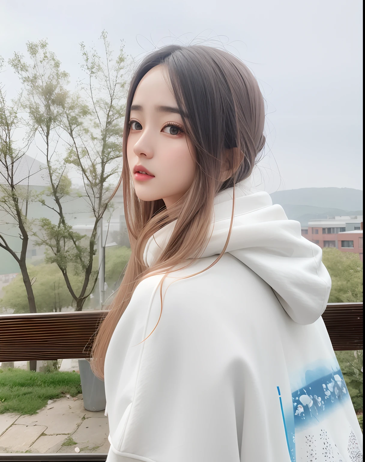 arafed woman in a white hoodedie standing on a bench, dilraba dilmurat, girl wearing hoodie, sha xi, fanart, soft portrait shot 8 k, black haired girl wearing hoodie, pokimane, xintong chen, with long hair, julia gorokhova, 8k)), li zixin, ruan jia beautiful!