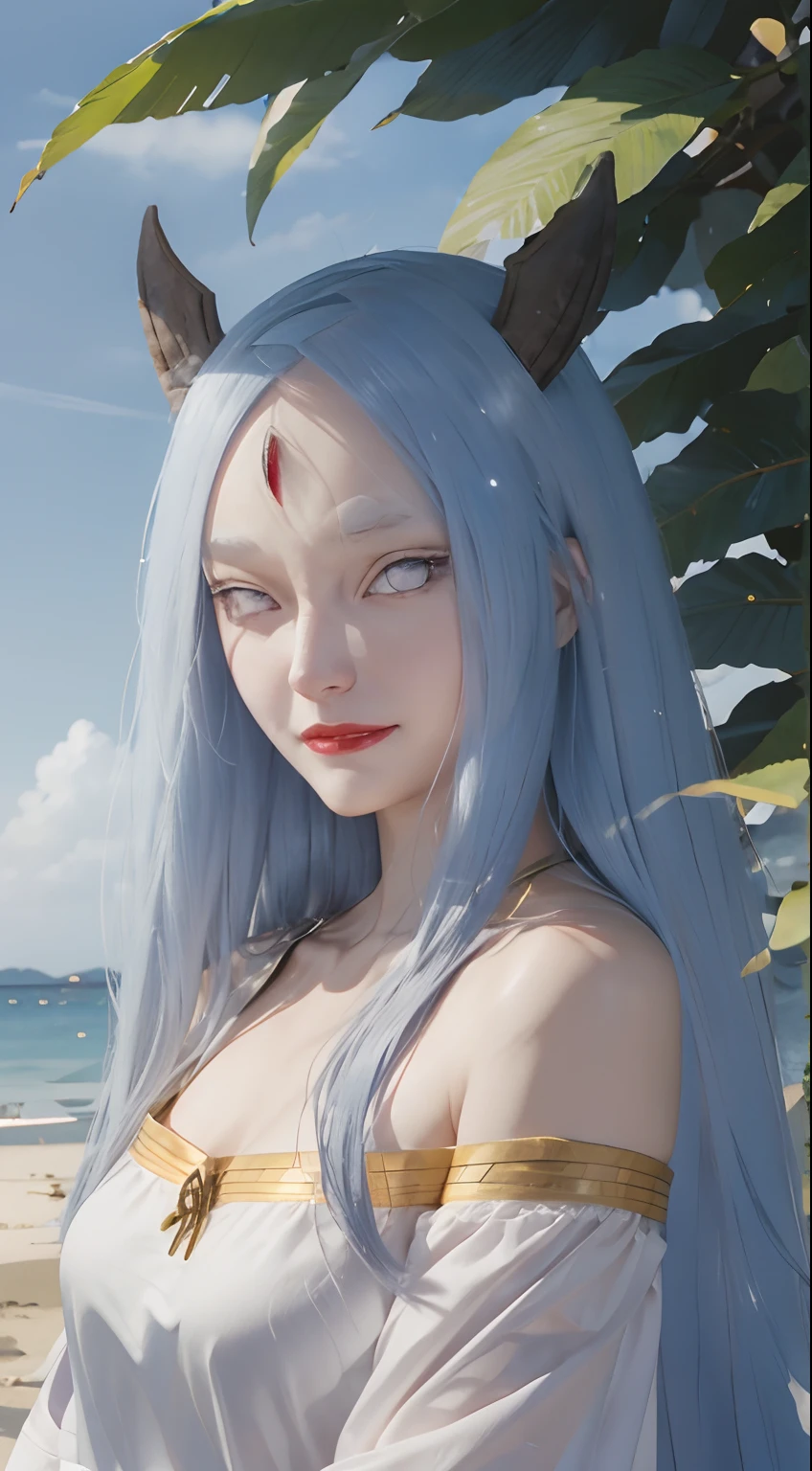 kaguya ōtsutsuki.  a woman standing on an island.  He appears to be wearing silver clothes with gold lines.  he has long blue hair.  which is very long.  straight.  and unraveled not tied.  He also has a pair of brown horns on top of his head.  with white skin.  pale as snow.  and tiny, rosy lips.  he seemed to be smiling gently.  and thin.  looking at the camera.  it looks so beautiful and realistic
