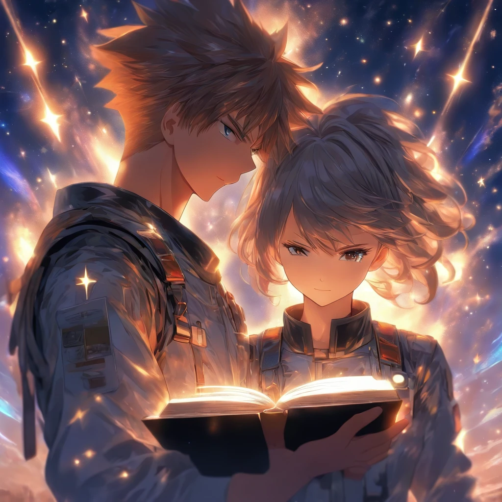 A couple。Girl with brown hair，Ball head，Casual sportswear。Boy silver hair，Black military uniform。The two stood and looked at each other，At the same time, he pointed to a glowing book。The background is a starry sky。