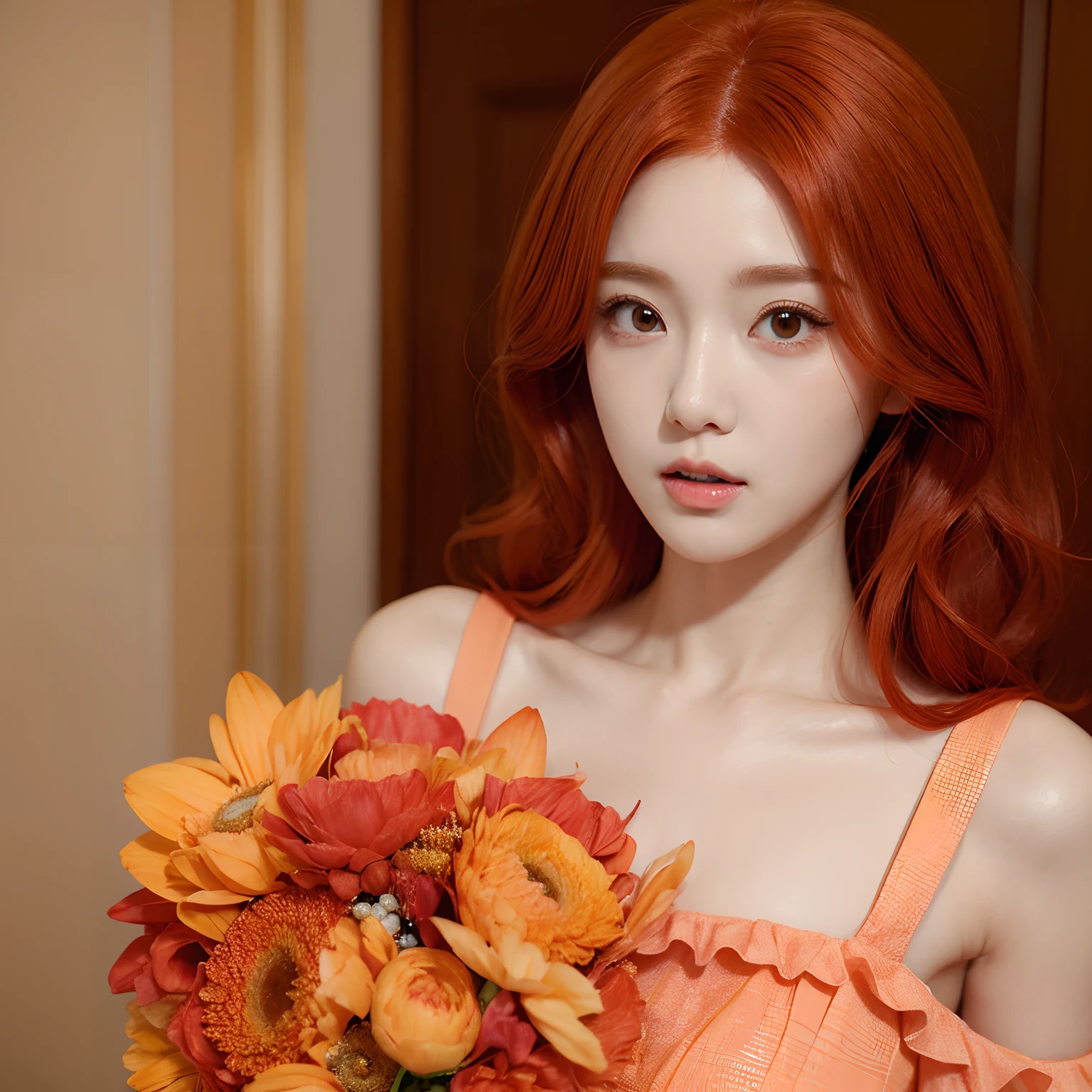 (Embarrassed), Red hair, Orange hair, Verry Art Style, 1girll, Blush, Upper body, highly details eye, hires, 鎖骨, frill dress, Open mouth,