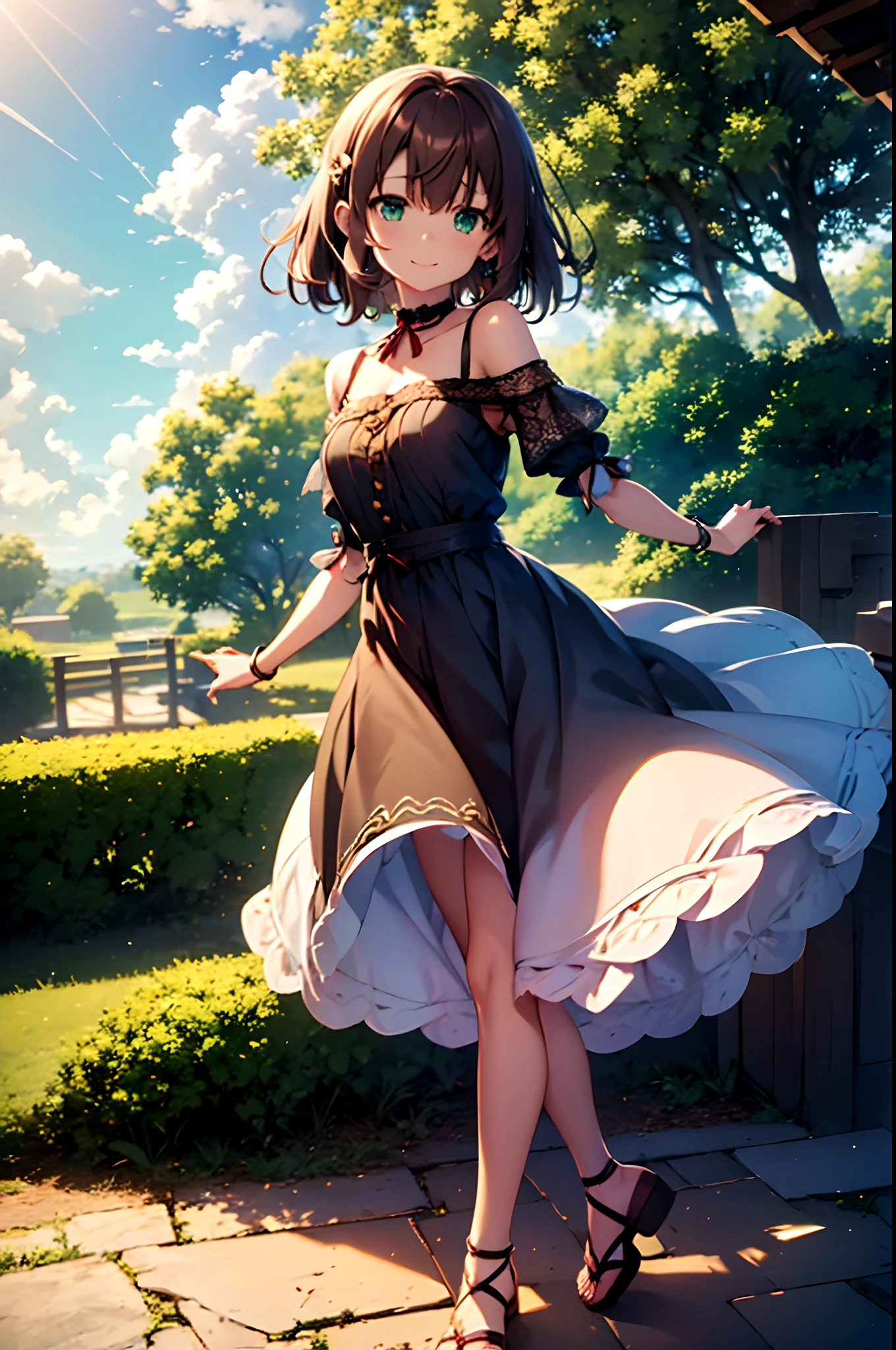 Sasanami Shoko, Valvrabe, 1 girl, Brown hair, Green eyes, Fantasy World, Ruins, Bang, Beautiful sky, shining sky, Sunshine, Smiling, Waving, sox, Sandals, wristbands, ribbon choker, Dresses that blow the wind, Lace dress, Off-shoulder sleeve