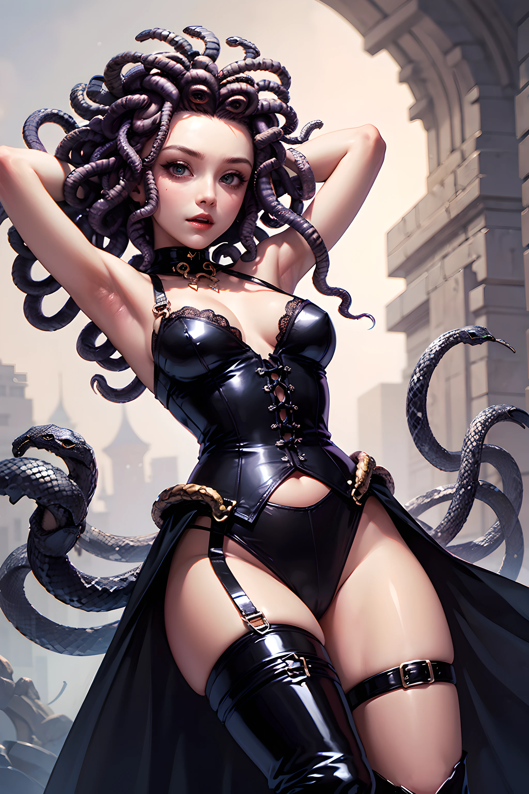 (halloween theme:1.2), (magical academy:1.2), (fantasy:1.2), (magic:1.2), monster girls, long hair, snakes, gorgon, snake hair, BREAK, Beautiful illustration, top-quality, (cute Russian medusa girl, white people:1.3, Caucasian:1.3), having medusa features, (medusa:1.5), BREAK, (medusa hair:1.5), (snake hair:1.3), (hair is composed of countless small snakes:1.3), (pink eyes, pale skin:1.1), (beautiful, 20 years old:1.5), slim, slender, (small-medium breasts), clean face:1.3, BREAK, (black elegant full lacy dress), (latex corset), (black latex stockings), (knee-high-over-boots, pin-hells), (insanely detailed clothes), BREAK, (arms up behind head:1.5), (charmed:1.5), heart pink eyes, lovely thighs, (looking straight at the viewer:1.3), (view viewer:1.3), top angle, (((magical academy background:1.5))),