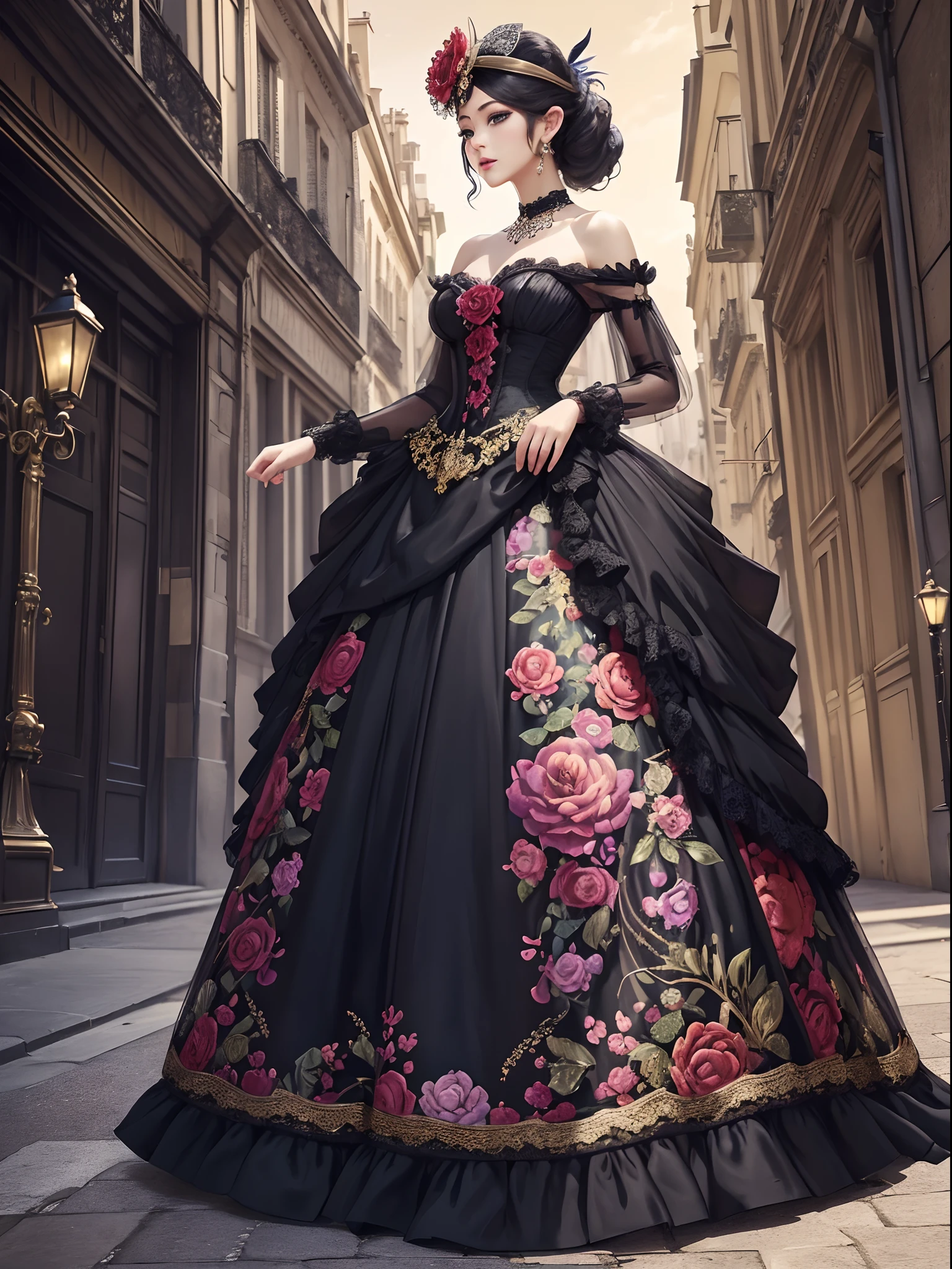 Vibrant colors、((masterpiece)))、(((top-quality)))、((ultra-detailliert))、(A hyper-realistic)、(highly detailed CGillustration)、Official art、Paris at the beginning of the 20th century、Decadent、Madame Papillon、Masquerade、Elegance、Masks that cover most of the face、Colorful and detailed mask design、matchless beauty、Fans、Gorgeous Cocktail Dresses、jewely、Perfect Angle、low angles、perfect-composition。full body Esbian