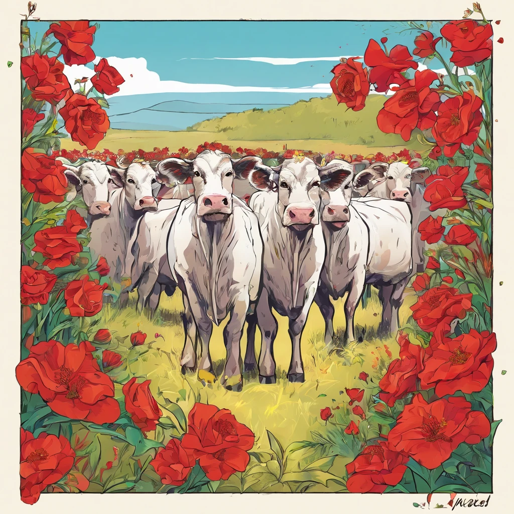 Calves,Cowshed,A lot of people danced around the calf,HmongCostume,zona rural,jubilation,Red flowers