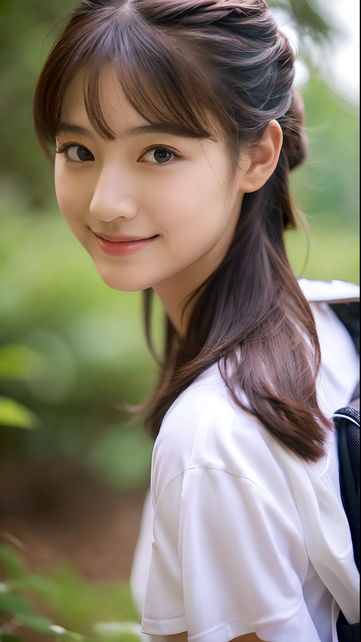 Natural Landscape Photography; mountain climbing; (1girl in:1.3), (Slender body), (white t-shirts、Parachute pants), ((Semi-long chignon hair)), (dark brown hair), (Asian Girl, 18 years old, ultra-delicate face, Super Beautiful Maid, Super delicate eyes, Ultra-detailed nose, Ultra detailed mouth, Ultra-detailed facial features), (Lifelike eyes),(super realistic picture quality), lightsmile, Carrying a backpack、8K,Beauty photo,
