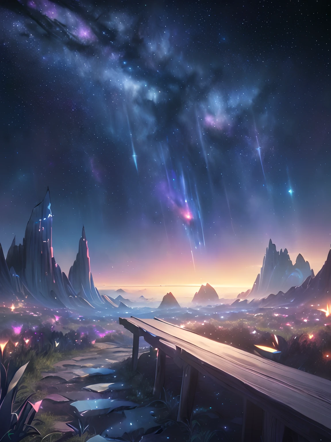 Perfect CG unity 8K wallpapers, CG unity 8K wallpaper, watercolor (medium), (((dark starry aesthetic psychedelic sky, Dark cosmic Night, Deep Night, the most beautiful psychedelic aesthetic moon))) ((Sky color: dark blue, multiple colors, perfect color scheme)) (((Natural Background, mountains, wood))), path, ((plein air)) (((Character Deletion))) (((Excluding people)))