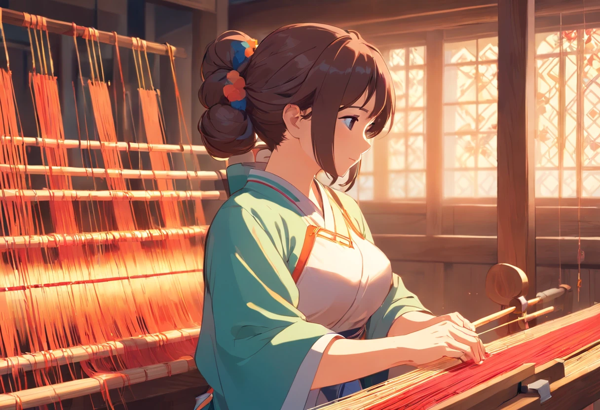 Mom sat alone in front of the loom, weaving colorful brocade，gentleness，colours，mother with big breasts，Detailed background，Small character area，Chinese big breasts