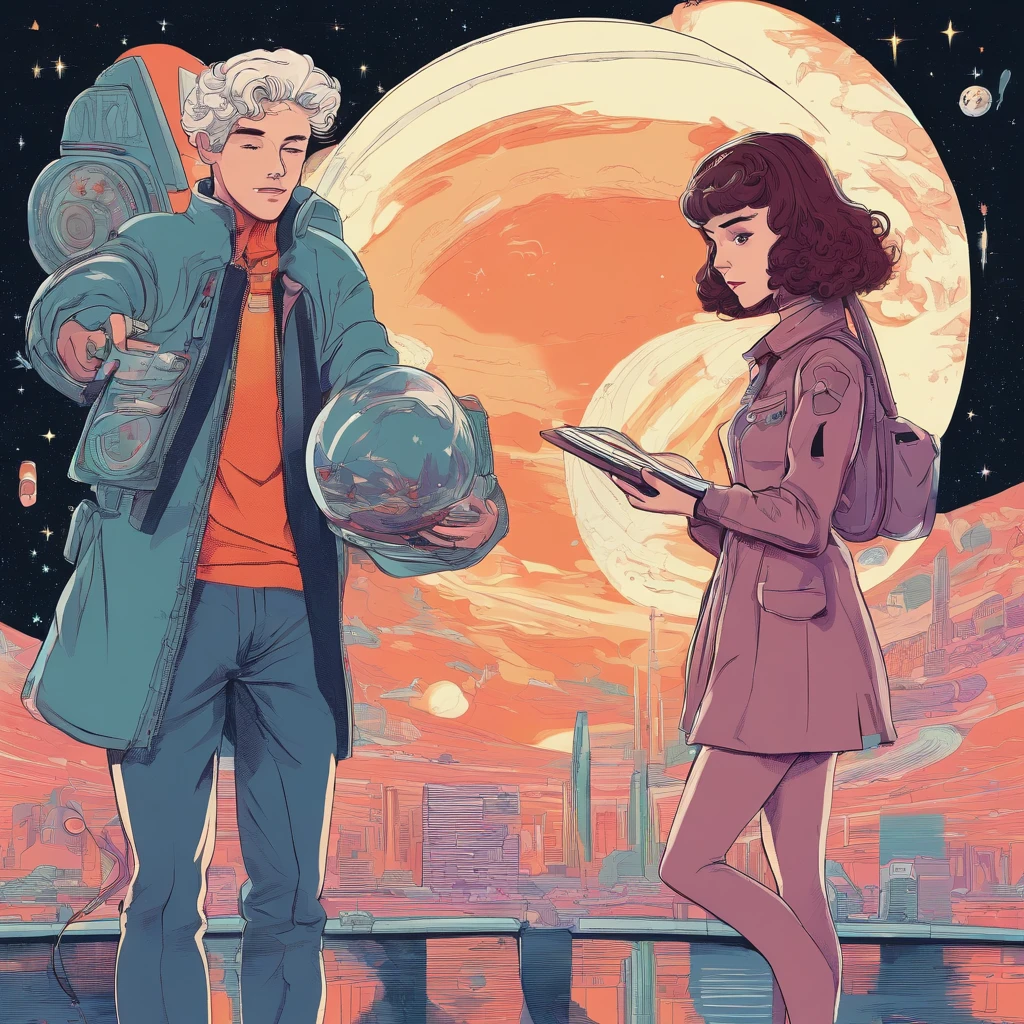 A couple。Girl with brown hair,Ball head,Casual sportswear。Boy silver hair,Black military uniform。The two stood and looked at each other,At the same time, he pointed to a glowing book。The background is a starry sky。