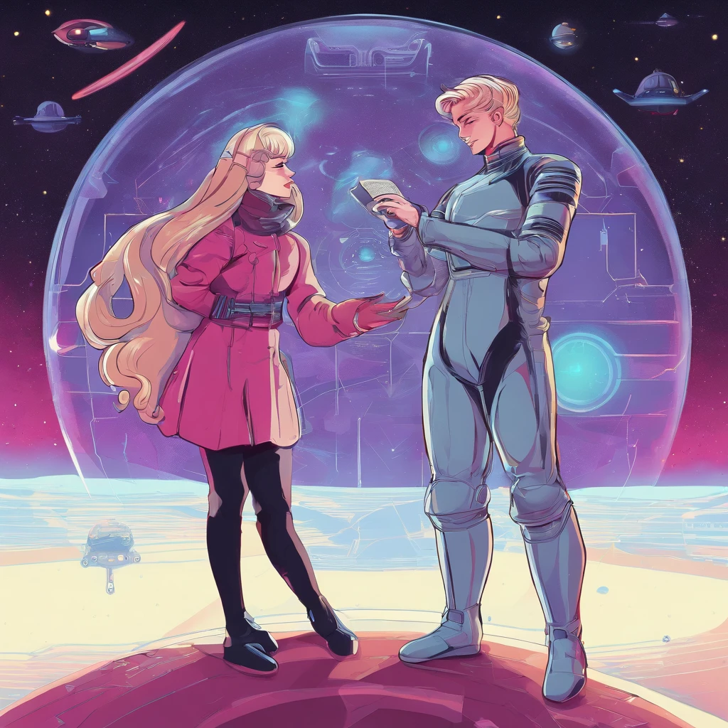 A couple。Girl with brown hair,Ball head,Casual sportswear。Boy silver hair,Black military uniform。The two stood and looked at each other,At the same time, he pointed to a glowing book。The background is a starry sky。