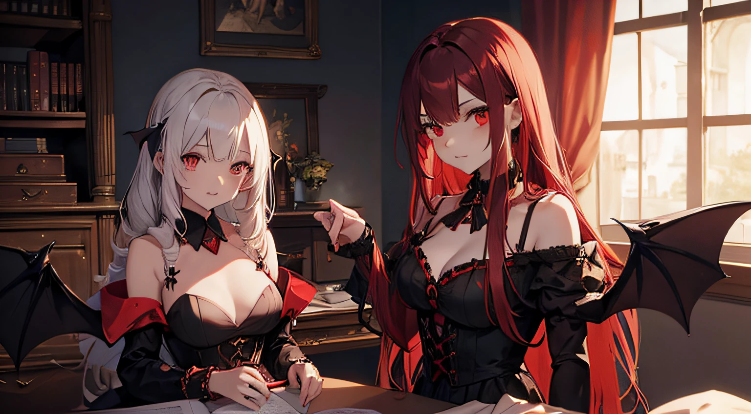 two vampire girls, looking at viewers, red long hair and White short hair, bat wings, Dark colors, Mommy Vibe, Strong facial study, full body, 15th century bedroom