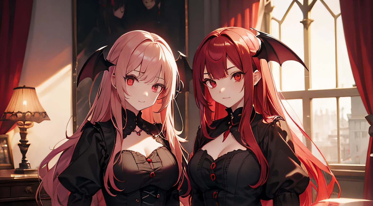 two vampire girls, looking at viewers, red long hair and White short hair, bat wings, Dark colors, Mommy Vibe, Strong facial study, full body, 15th century bedroom