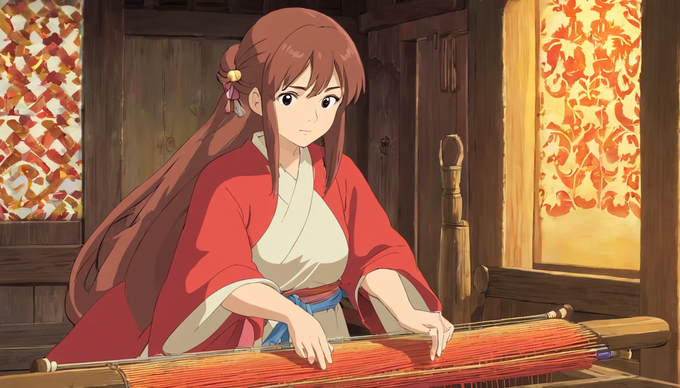 realisticlying,Mom sat alone in front of the loom, weaving colorful brocade,gentleness,colours,mother with big breasts,Detailed background,Small character area,
