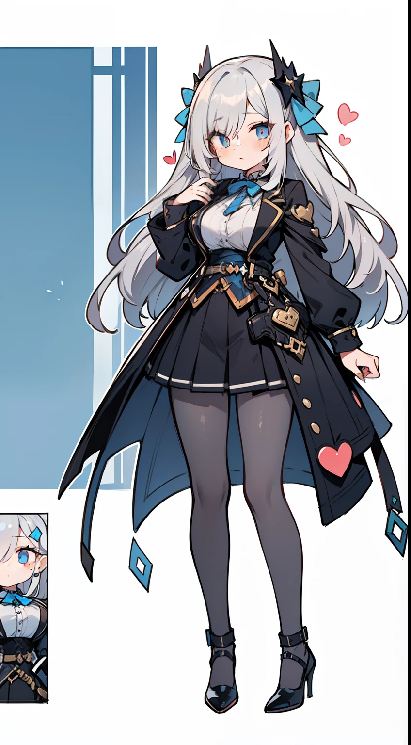 1girl in, fullllbody, Character Design, (((Light gray hair)), Super unique hairstyles, ((Eyes are blue)), (Sauce order), ((White hairpin)), (Mole under the left eye), Long bangs, Eyes are hearts, Brainwashed, large full breasts, High quality, 痴女, Magic Makeover, Sexy Phantom Thief Suit in Black, Black High Heels, Wide Shot, Detailed background of the prison
