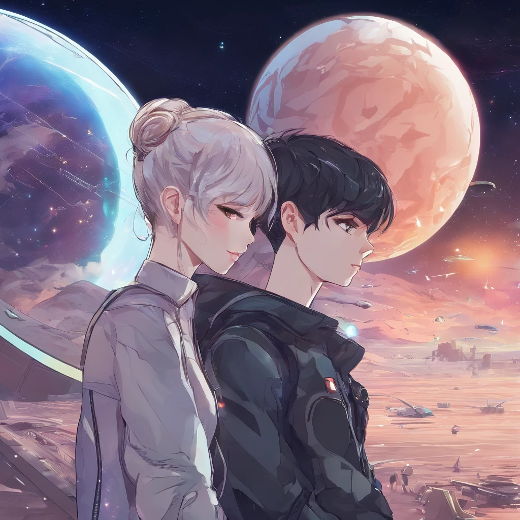 A couple。Girl with brown hair，Ball head，Casual sportswear。Boy silver hair，Black military uniform。The two stood and looked at each other，At the same time, he pointed to a glowing book。The background is a starry sky。