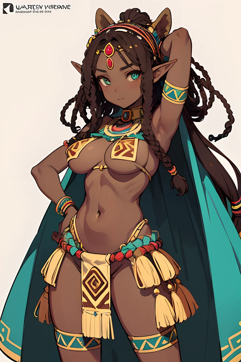 Ultra Detailed, big breast, 1girl, Official Art, Unity 8k Wallpaper, fanart, commissioned art, professional artist, digital art, alluring, ((flat color)), ((celshade)), african tribal girl, tribal people, dark skin, african race, african tribe, african culture, african skin, dreadlock hair, elf ears