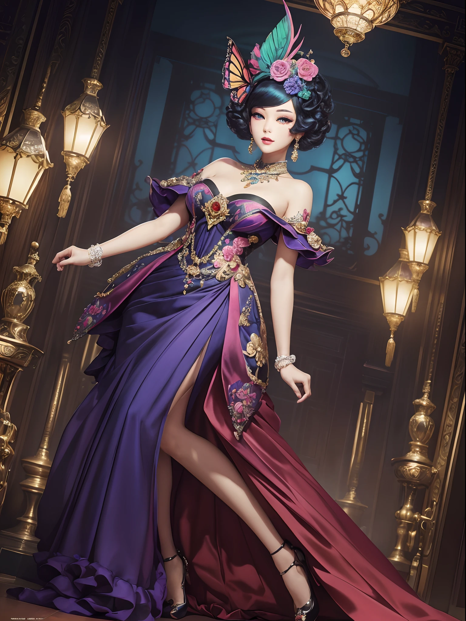 Vibrant colors、((​masterpiece)))、(((top-quality)))、((ultra-detailliert))、(A hyper-realistic)、(highly detailed CGillustration）、Official art、Shanghai in the 1930s、Decadent、Madame Papillon、Masquerade、Elegance、Masks that cover most of the face、Colorful and detailed mask design、matchless beauty、Fans、Gorgeous Cocktail Dresses、jewely、Perfect Angle、low angles、perfect-composition。full body Esbian