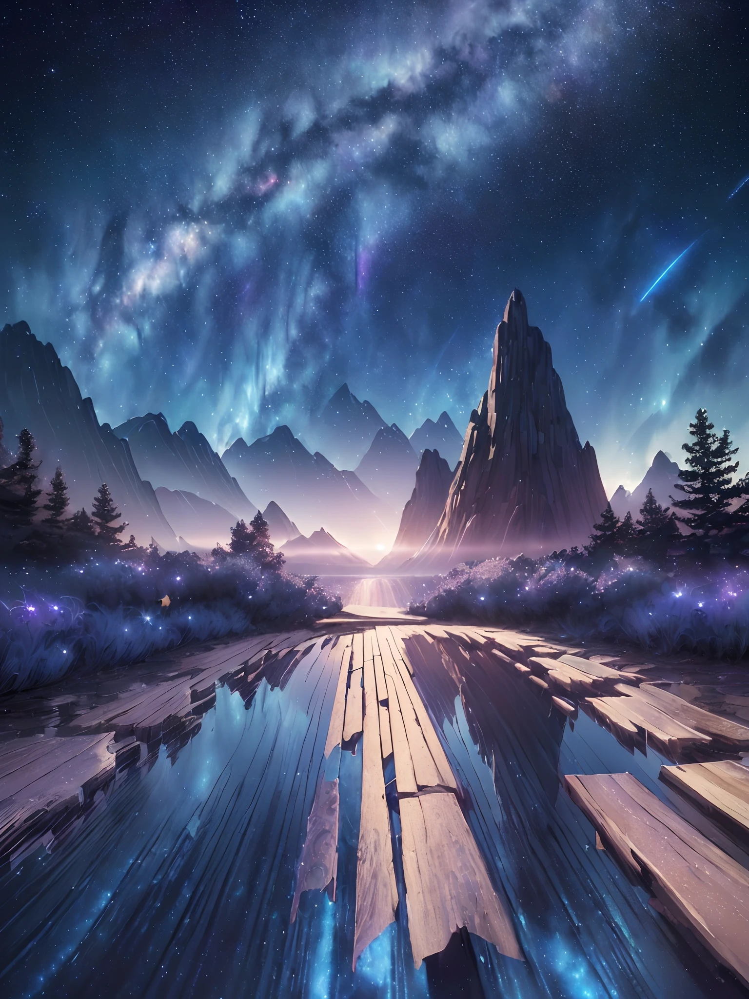 Perfect CG unity 8K wallpapers, CG unity 8K wallpaper, watercolor (medium), (((dark starry psychedelic sky, Dark cosmic Night, Deep Night, the most beautiful psychedelic moon))) ((Sky color: dark blue, multiple colors, perfect color scheme)) (((Natural Background, mountains, wood))), path, ((plein air)) (((Character Deletion))) (((Excluding people)))