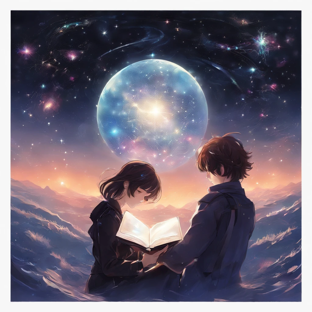 A couple。Girl with brown hair，Ball head，Casual sportswear。Boy silver hair，Black military uniform。The two stood and looked at each other，At the same time, he pointed to a glowing book。The background is a starry sky。