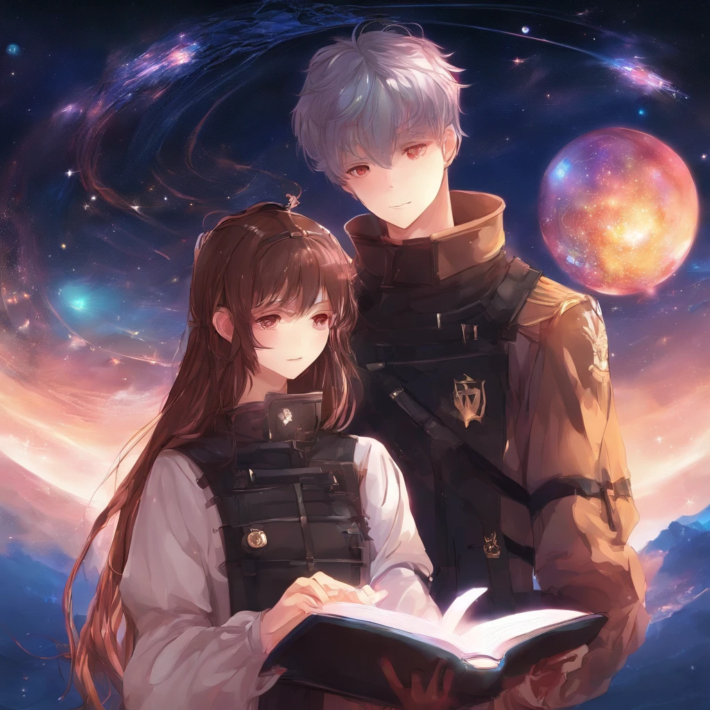 A couple。Girl with brown hair,Ball head,Casual sportswear。Boy silver hair,Black military uniform。The two stood and looked at each other,At the same time, he pointed to a glowing book。The background is a starry sky。