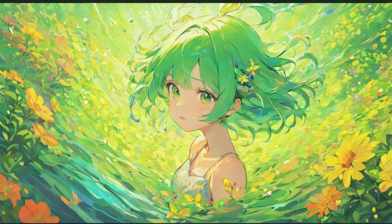 A girl with green hair，In the sea of flowers