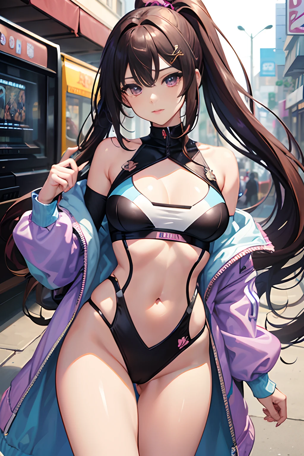Masterpiece)), best quality, absurderes, ultra detailed, holographic, cowboy shot, golden ratio, super cute girl, mature girl, idol girl, super beautiful asian girl with very beautiful violet glowing eyes, beautiful glowing brown multicolored hair, high ponytail, nice and sexy body, slim body, perfect body, wearing a super tight anime printed leotard, an anime printed super tight off shoulder long sleeve crop top, a super aesthetic transparent mini jacket, beautiful hair ornament, pink jordan tennis, playing with her handsome otaku skinny boyfriend, with black messy glowing hair, in the arcade games