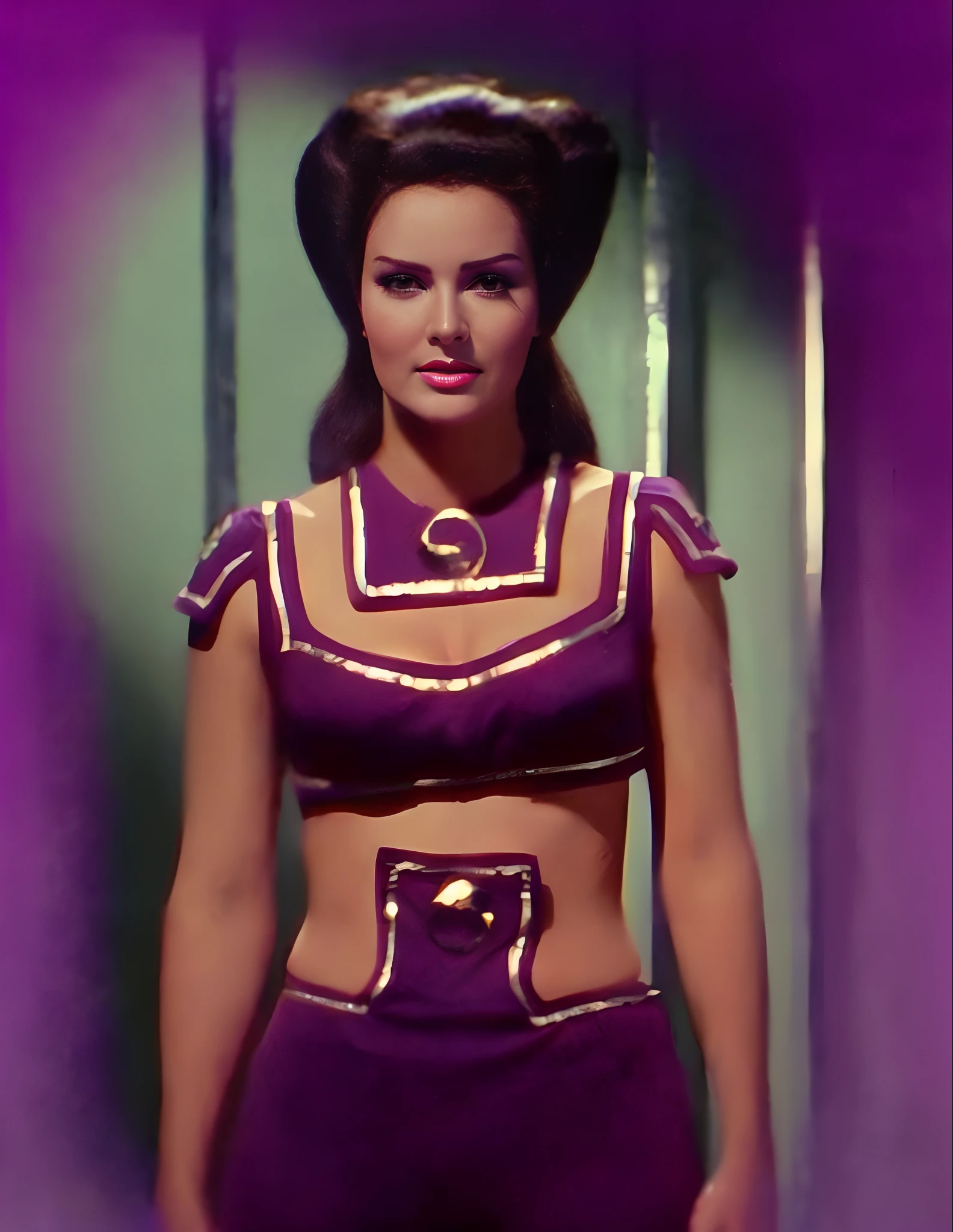 Nubile teenage Lee Meriwether), (Young seductive erotic teenage Lee Meriwether), as Star Trek character Losira, as Star Trek Original Series character Losira, diabolical & temptuous, pale skin, dark hair, lithe bodacious body, (big elaborately coiffed hair with large side rolls), (wearing purple genie harem clothing, very obvious camel toe, very obvious underboobs, in star trek the original series, (4K, 8K, best resolution), cinematic, best-sharpened, hyper-detailed, hyper-sharp, hyper-realistic, symmetrical, "100% anatomically correct", octane render