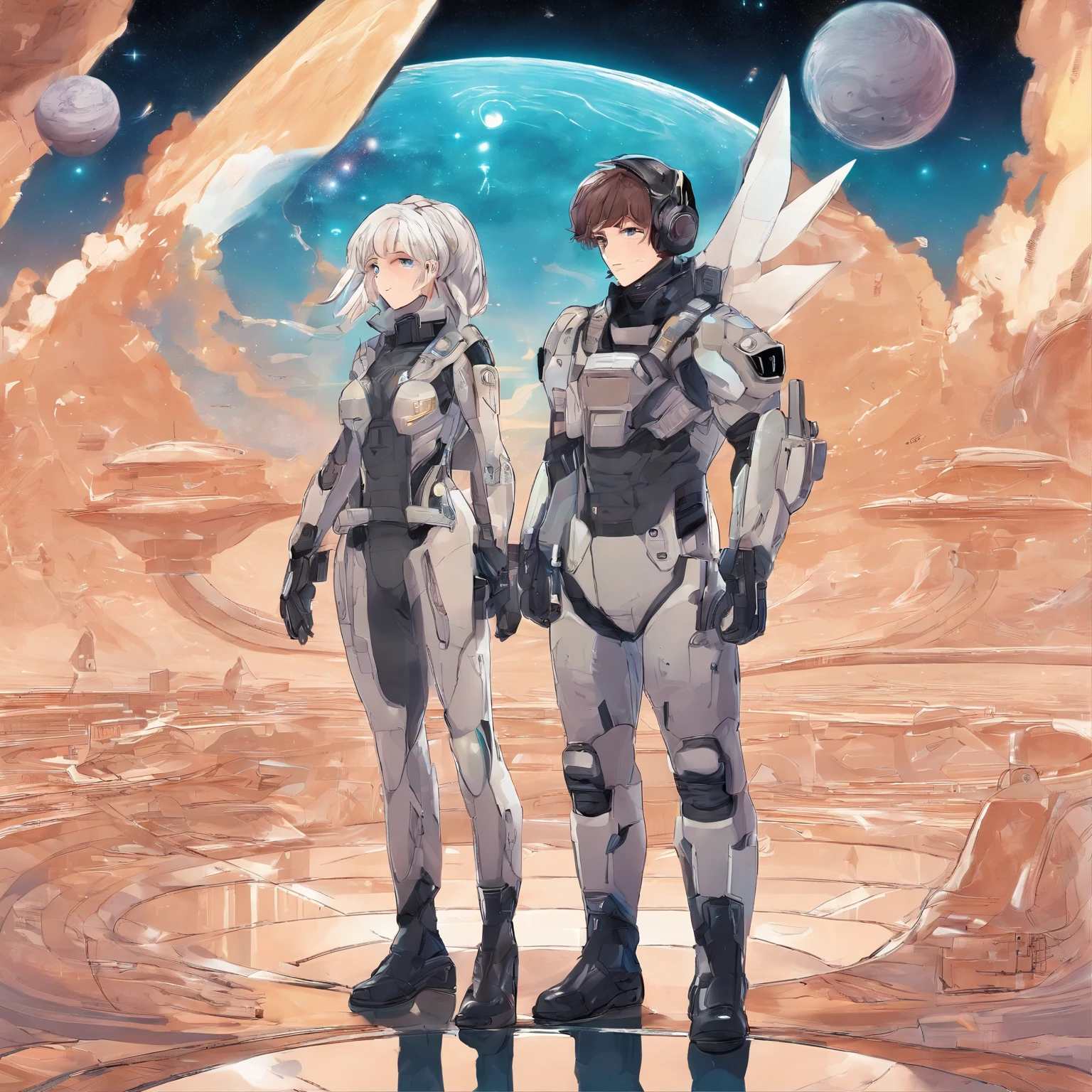 A couple。Girl with brown hair,Ball head,Casual sportswear。Boy silver hair,Black military uniform。The two stood and looked at each other,At the same time, he pointed to a glowing book。The background is a starry sky。