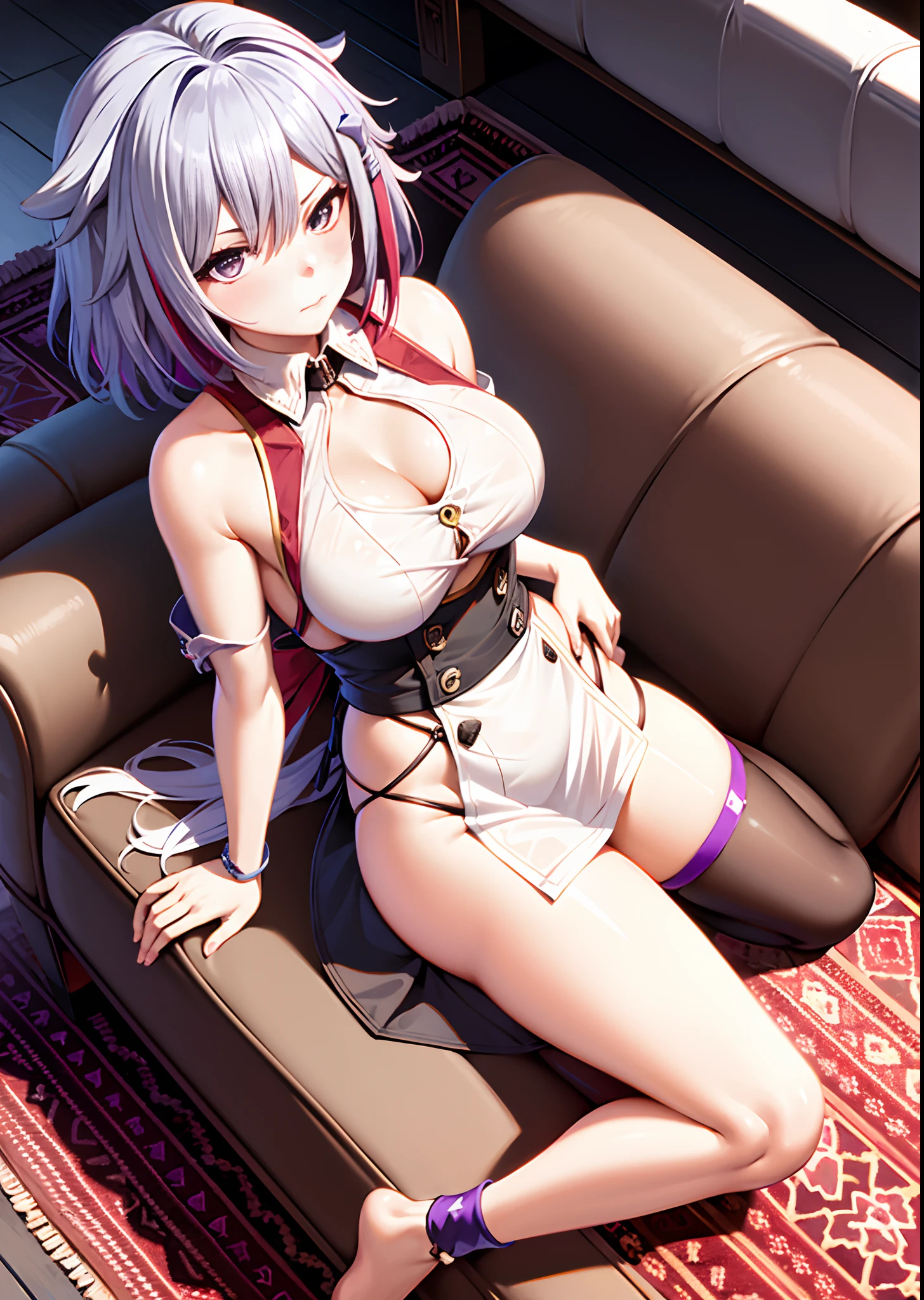 masterpiece, 1girl, solo, purple hair, long hair, hair over one eye, curling horns, maid apron, center opening, cleavage cutout, bare shoulders, closed mouth, white legwear, mouth hold, sitting, azur lane, living room couch