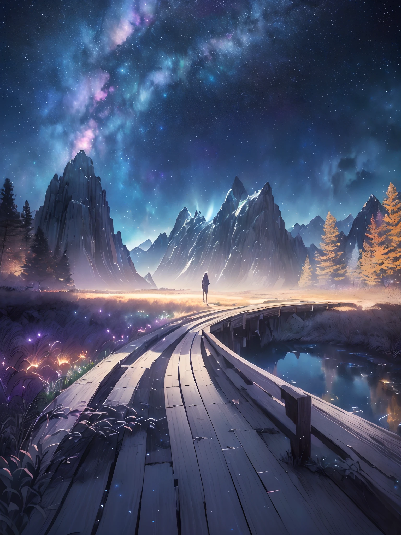 Perfect CG unity 8K wallpapers, CG unity 8K wallpaper, watercolor (medium), (((dark starry psychedelic sky, Dark cosmic Night, Deep Night, the most beautiful psychedelic moon))) ((Sky color: dark blue, multiple colors, perfect color scheme)) (((Natural Background, mountains, wood))), path, ((plein air)) (((Character Deletion))) (((Excluding people)))