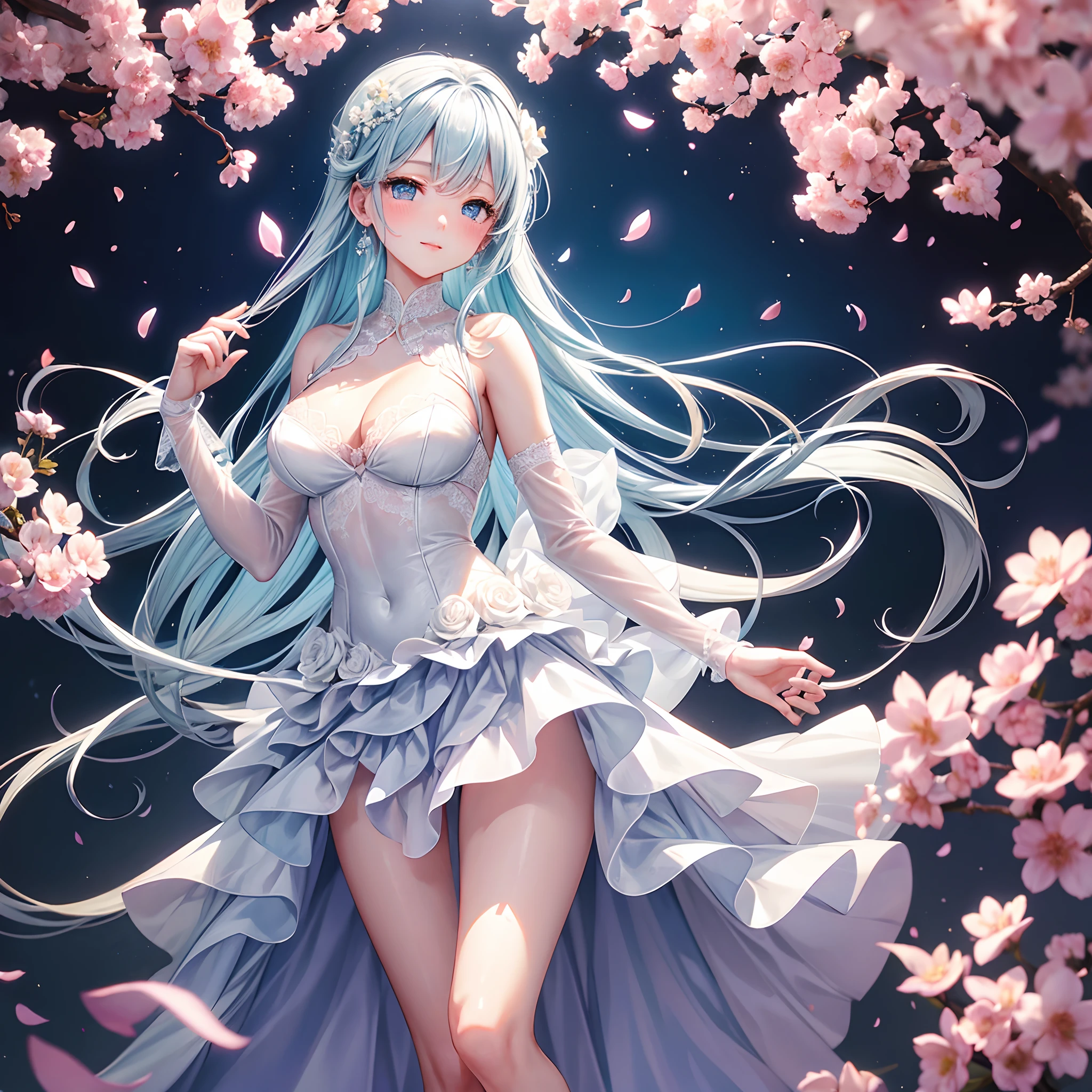 cherry_blossoms, Falling_petals, petals, branch, Pink_flower, 1girll,20yr old, Blue_sky, Spring_\(season\), petals_On_Liquid, flower, hanami, dress, (Long straight blue hair:1.5), Wear a garland, sky,exteriors,clouds,By bangs,ssmile,Blue eyes,A white waist-cinching bandeau wedding dress,White lace stockings,Diamond crystal heels,White lace gloves,exposed bare shoulders,diamonds earrings,Detail enhancement。Slim hands,perfect hand,Holding_flower,ventania,The tree,Looking_at_peeping at the viewer,best qualtiy,detail-rich,Bra suspenders,Golden ratio figure,Thin waist,Thin leg,standing on your feet,Charming,Perfect image quality。