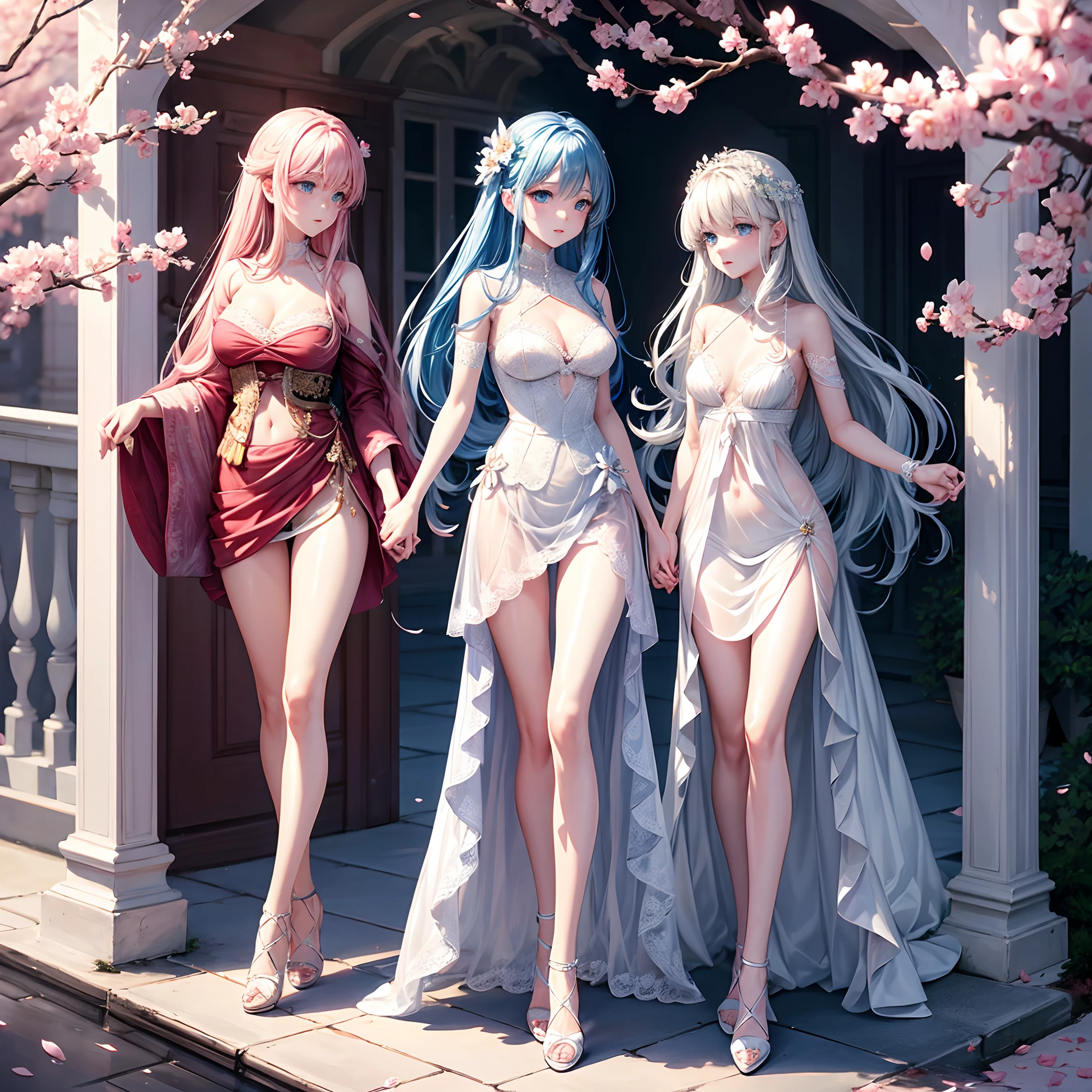 cherry_blossoms, Falling_petals, petals, branch, Pink_flower, 1girll,20yr old, Blue_sky, Spring_\(season\), petals_On_Liquid, flower, hanami, dress, (Long straight blue hair:1.5), Wear a garland, sky,exteriors,clouds,By bangs,ssmile,Blue eyes,A white waist-cinching bandeau wedding dress,White lace stockings,Diamond crystal heels,White lace gloves,exposed bare shoulders,diamonds earrings,Detail enhancement。Slim hands,perfect hand,Holding_flower,ventania,The tree,Looking_at_peeping at the viewer,best qualtiy,detail-rich,Bra suspenders,Golden ratio figure,Thin waist,Thin leg,standing on your feet,Charming,Perfect image quality。