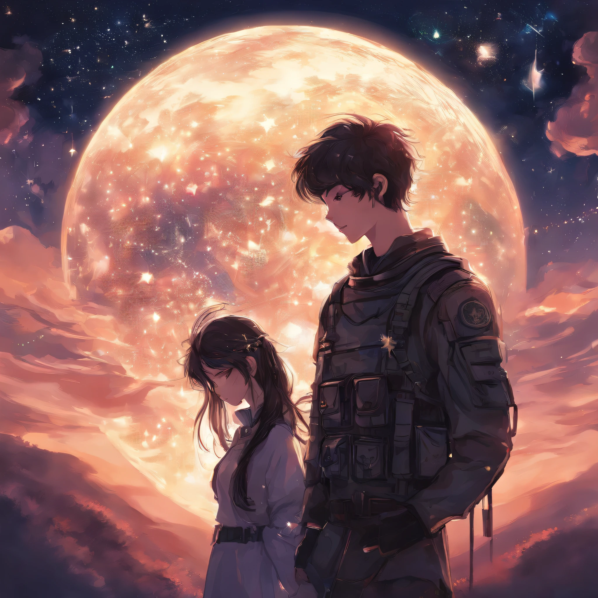 A couple。Girl with brown hair，Ball head，Casual sportswear。Boy silver hair，Black military uniform。The two stood and looked at each other，At the same time, he pointed to a glowing book。The background is a starry sky。