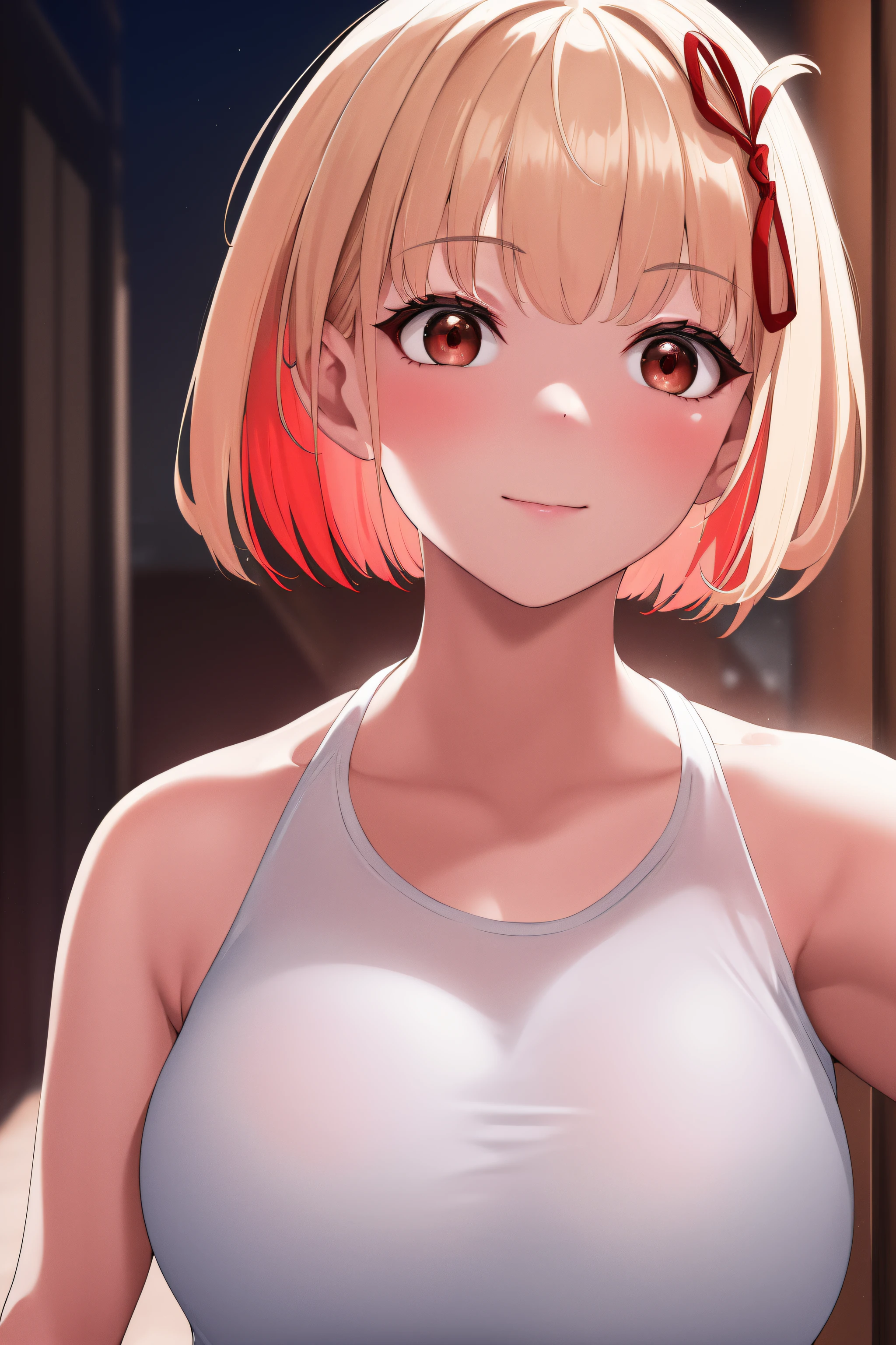 masterpiece, best quality, highres, best quality, highres,1girl,  nishikigi chisato, short hair, bangs, blonde hair, (red eyes:1.5), hair ribbon, one side up, bob cut, strong pose,seductive smile,white shirt on her shoulders, walking in streets,pose, hand on hip ,modern fashion,NSFW,official art,extremely detailed CG unity 8k wallpaper, perfect lighting, (masterpiece:1.0),(best_quality:1.0), ultra high res,4K,ultra-detailed, photography, 8K, HDR, highres, absurdres:1.2, Kodak portra 400, film grain, blurry background, bokeh:1.2, lens flare, (vibrant_color:1.2),(beautiful_face:1.5),(narrow_waist),(perfect hands, perfect anatomy),