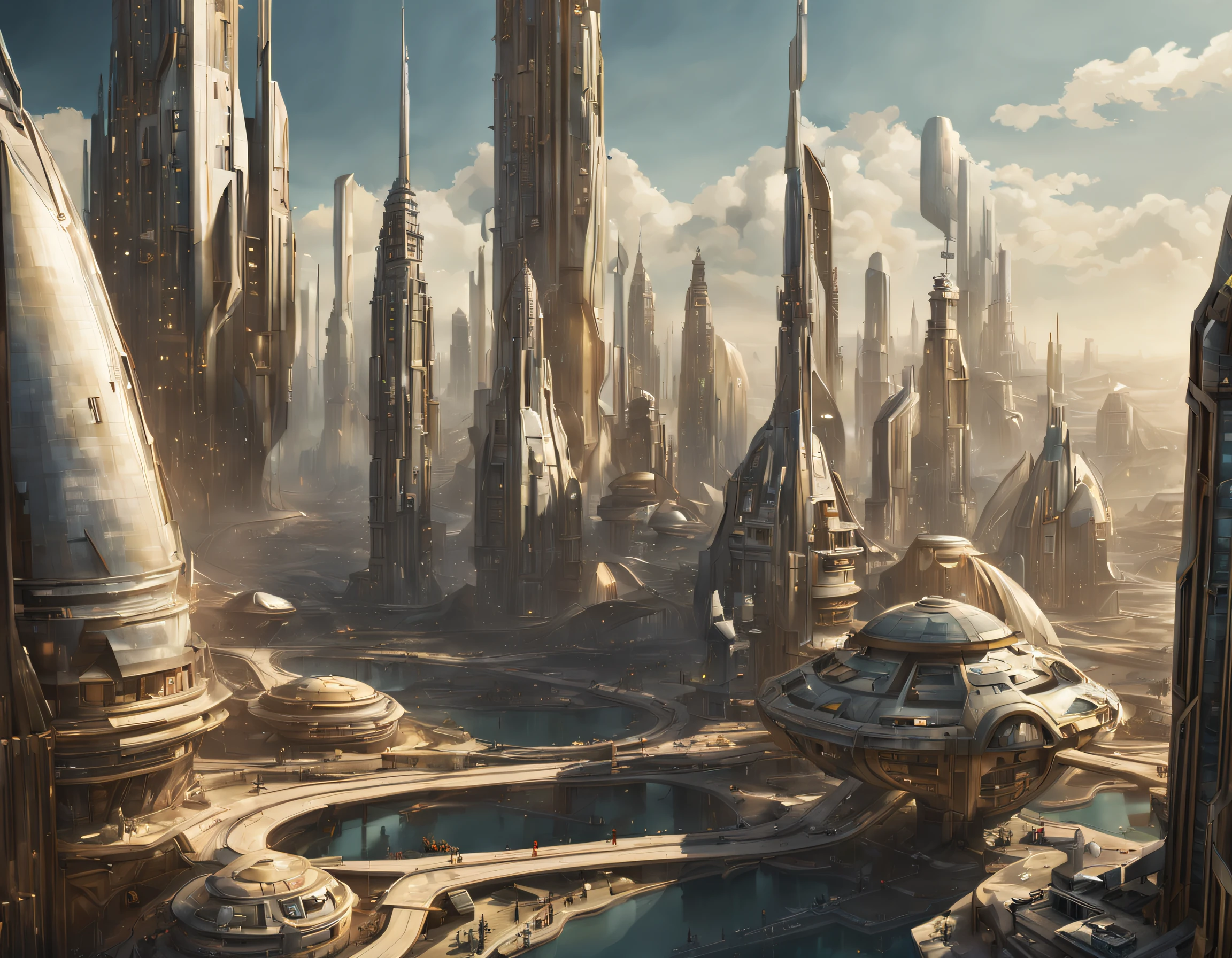 On an unknown planet lies a futuristic fantasy city with immense buildings of technological design (que forman una avenida infinita), con estructuras acristaladas en plata, oro y bronce espectaculares, (con colores vivos). pavimento ensolado (sin brillo). gente paseando. (similar a coruscant de star wars). imagen bien definida con muchos edificios juntos. imagen nitida bien definida 8k. los edificios llegan alta el fondo.,8k.