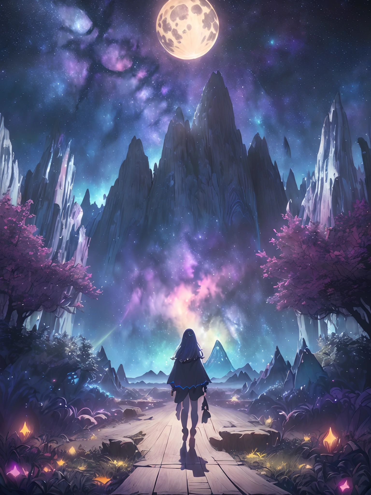 Perfect CG unity 8K wallpapers, CG unity 8K wallpaper, watercolor (medium), (((dark starry psychedelic sky, Dark cosmic Night, Deep Night, the most beautiful psychedelic moon))) ((Sky color: dark blue,  multiple colors, perfect color scheme)) (((Natural Background, mountains, wood))), path,  ((plein air)) (((Character Deletion))) (((Excluding people)))