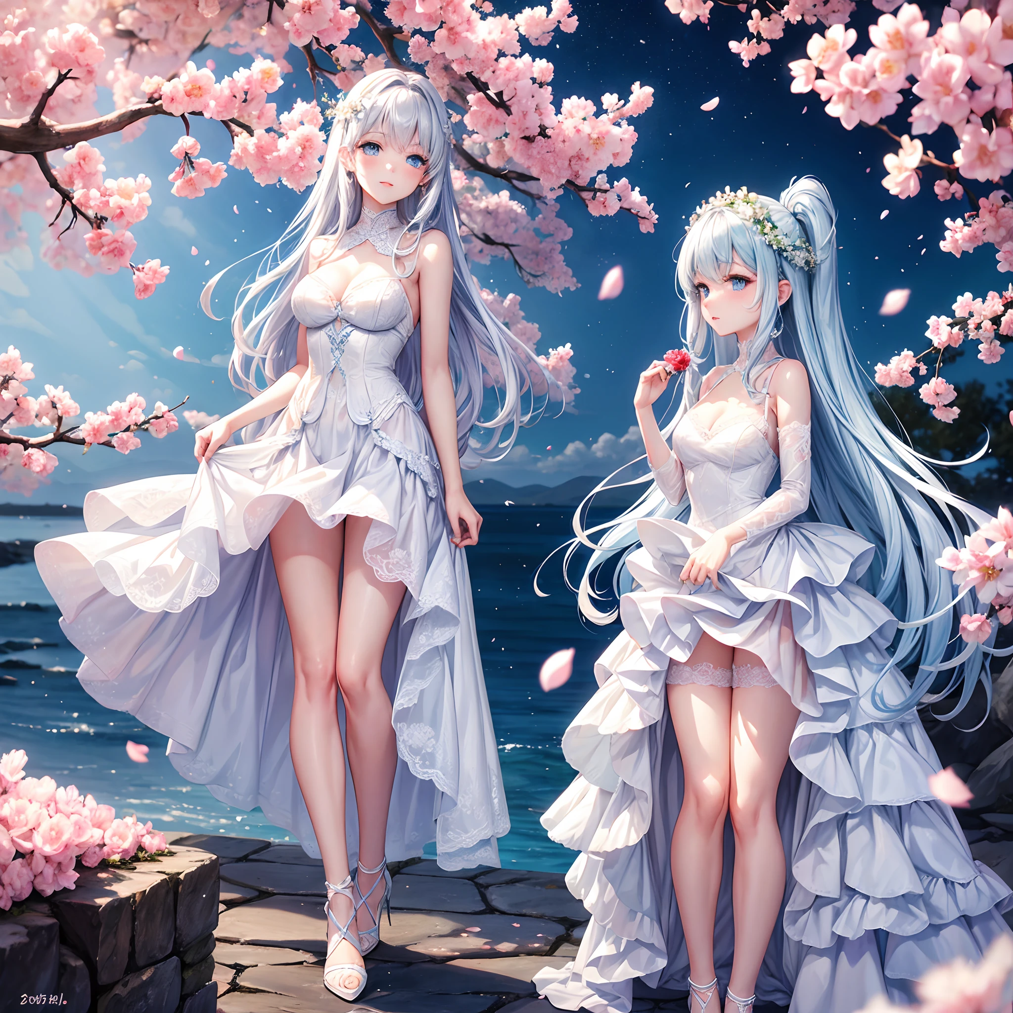 cherry_blossoms, Falling_petals, petals, branch, Pink_flower, 1girll,20yr old, Blue_sky, Spring_\(season\), petals_On_Liquid, flower, hanami, dress, (Long straight blue hair：1.5), Wear a garland, sky,exteriors，​​clouds，By bangs，ssmile，Blue eyes，A white waist-cinching bandeau wedding dress，White lace stockings，Diamond crystal heels，White lace gloves，exposed bare shoulders，diamonds earrings，Detail enhancement。Slim hands，perfect hand，Holding_flower，ventania，The tree，Looking_at_peeping at the viewer，best qualtiy，detail-rich，Bra suspenders，Golden ratio figure，Thin waist，Thin leg，standing on your feet，Charming，Perfect image quality。