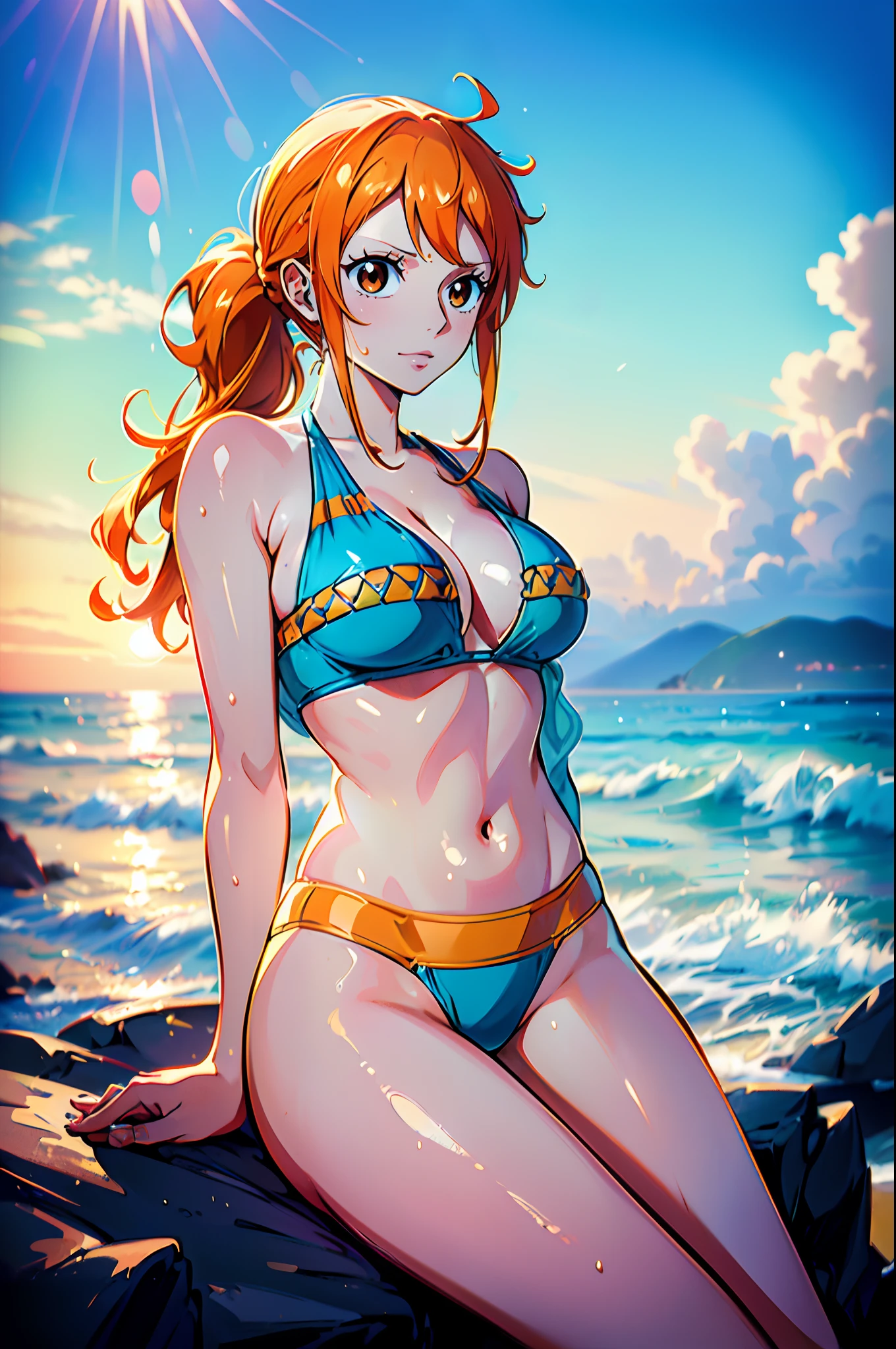 Nami from One Piece, long orange ponytail hair, beautiful brown eyes, blushing cheeks, wearing a vibrant bikini, enjoying a sunny day at the beach,  (best quality, 4k, 8k, highres, masterpiece:1.2), ultra-detailed, and (realistic, photorealistic,  HDR, UHD, studio lighting, ultra-fine painting, sharp focus, physically-based rendering, extreme detail description, professional, 

Capturing the essence of Nami's adventurous spirit and the picturesque beach scene, make sure to emphasize the vibrant colors and the warm sunlight in the artwork. The lighting should create a soft, dreamy atmosphere that enhances Nami's beauty.