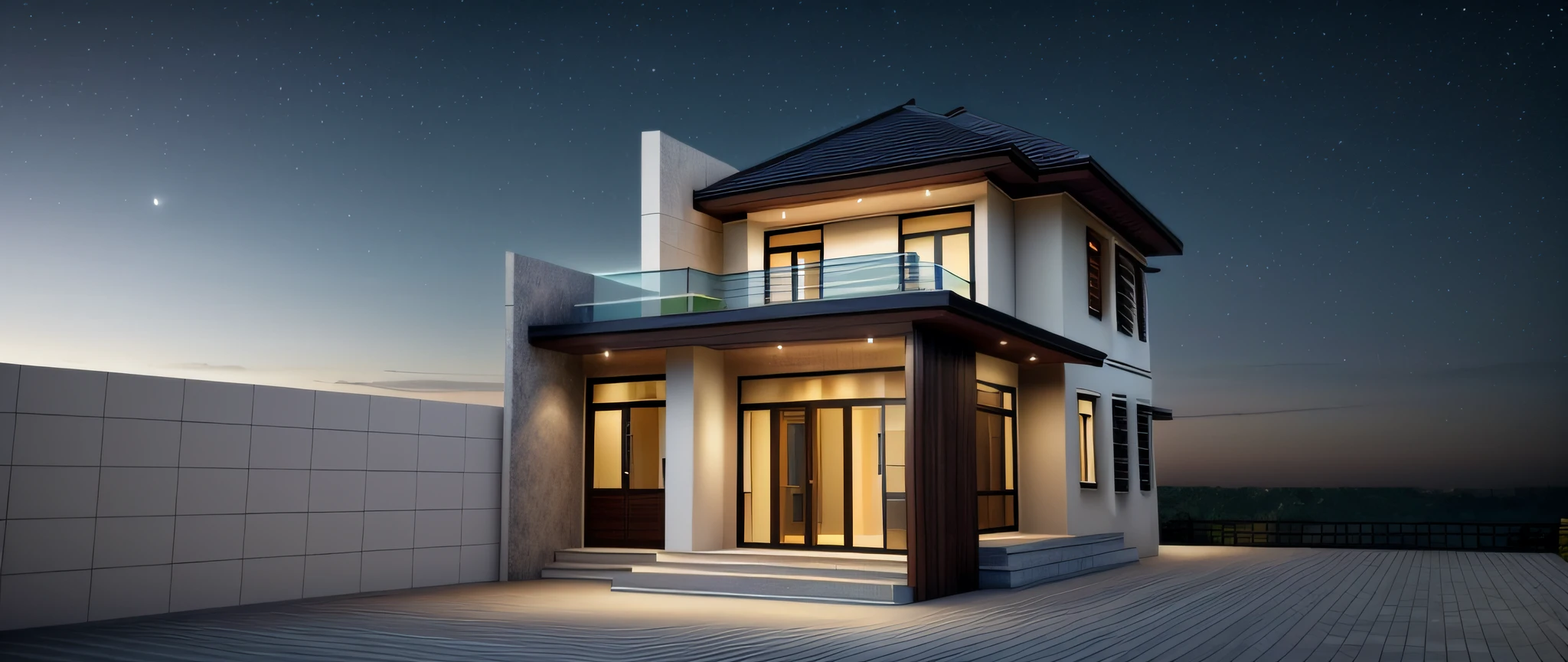 ((masterpiece, best quality)), 8k, modern architecture, photorealism, ultra-detailed photo, 1 morden house, main material by white wall and wood: 0.2, large yard, 1 road runs in front of the house, (RAW photo, real, best quality, masterpiece:1.2), look morden minimalist, 1 road in front of the house, shime ring light, light brighteness from indoor:1.2, dynamic lighting:1.3, (hyper realistic, photo-realistic:1.2), high quality, (dark lighting:1.2), perfect lighting, archdaily, ((NIGHT SKY:1.2)), ((Terrace glass railing))