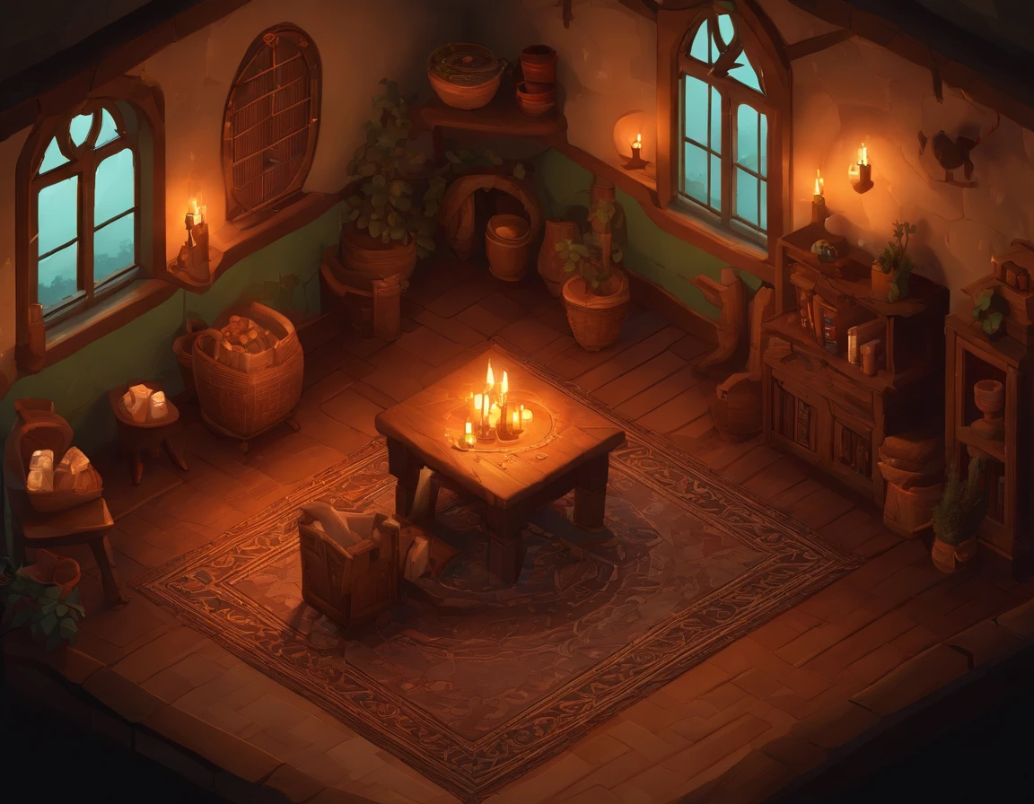 indie game art, isometric, sad, interior of druid's cottage, dull