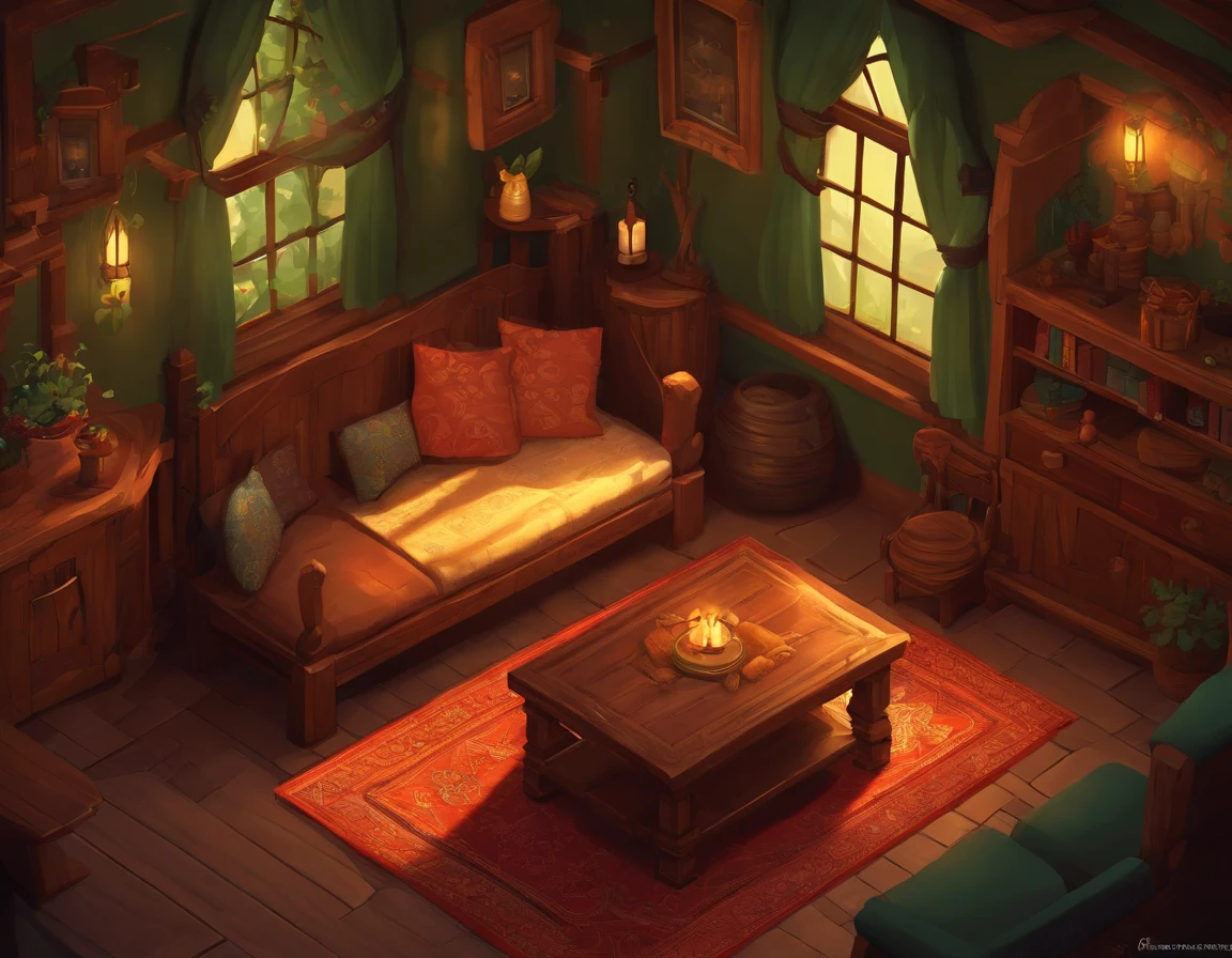 indie game art, isometric, sad, interior of druid's cottage, dull