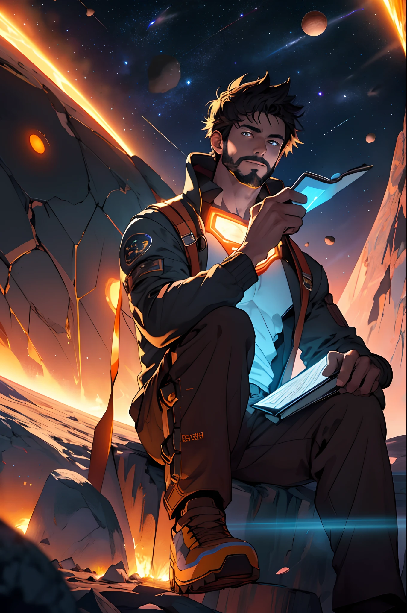 Draw a young programmer, sitting on a research platform floating in the middle of an asteroid belt. He is studying with a notebook, surrounded by several asteroids glowing with fiery auras. Dramatic lighting from distant stars and planets illuminates the scene, casting deep shadows on the suit. The young man looks confident and determined, looking at the vast and mysterious universe with wonder and respect,facial hair, cowboy shot,