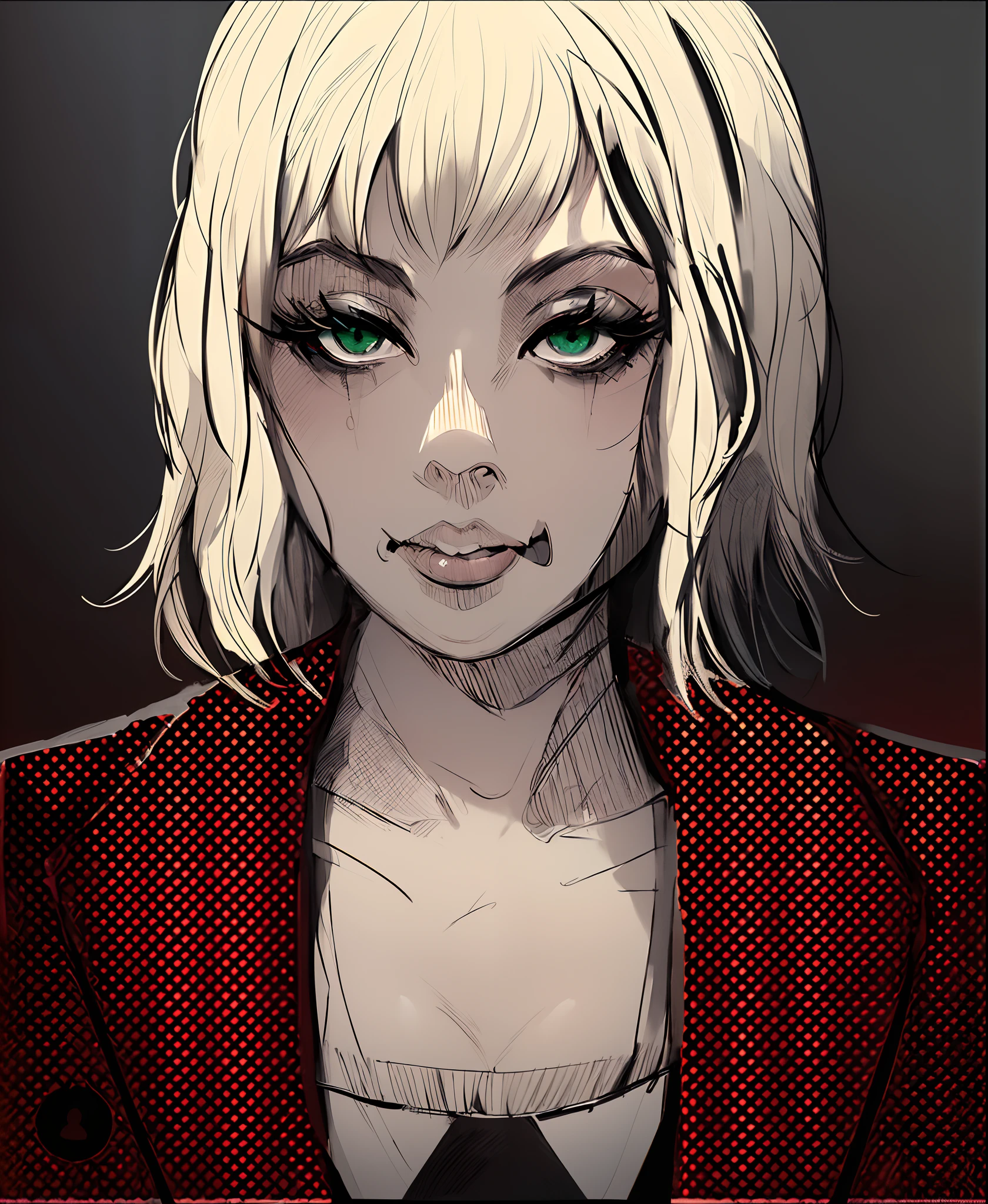 a woman with a suit and tie, blonde hair,green eyes,and black suit,fair woman,drawn in a noir style, drawn in a neo - noir style, detailed,, digital anime illustration, beautiful art style, anime style portrait, portrait of anime woman