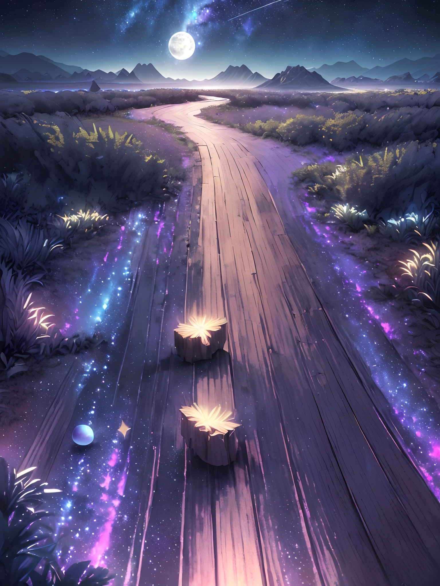 Perfect CG unity 8K wallpapers, CG unity 8K wallpaper, watercolor (medium), (((dark starry psychedelic sky, Dark cosmic Night, Deep Night, the most beautiful psychedelic moon))) ((Sky color: dark blue,  multiple colors, perfect color scheme)) (((Natural Background, mountains, wood))), path,  ((plein air)) (((Character Deletion))) (((Excluding people)))