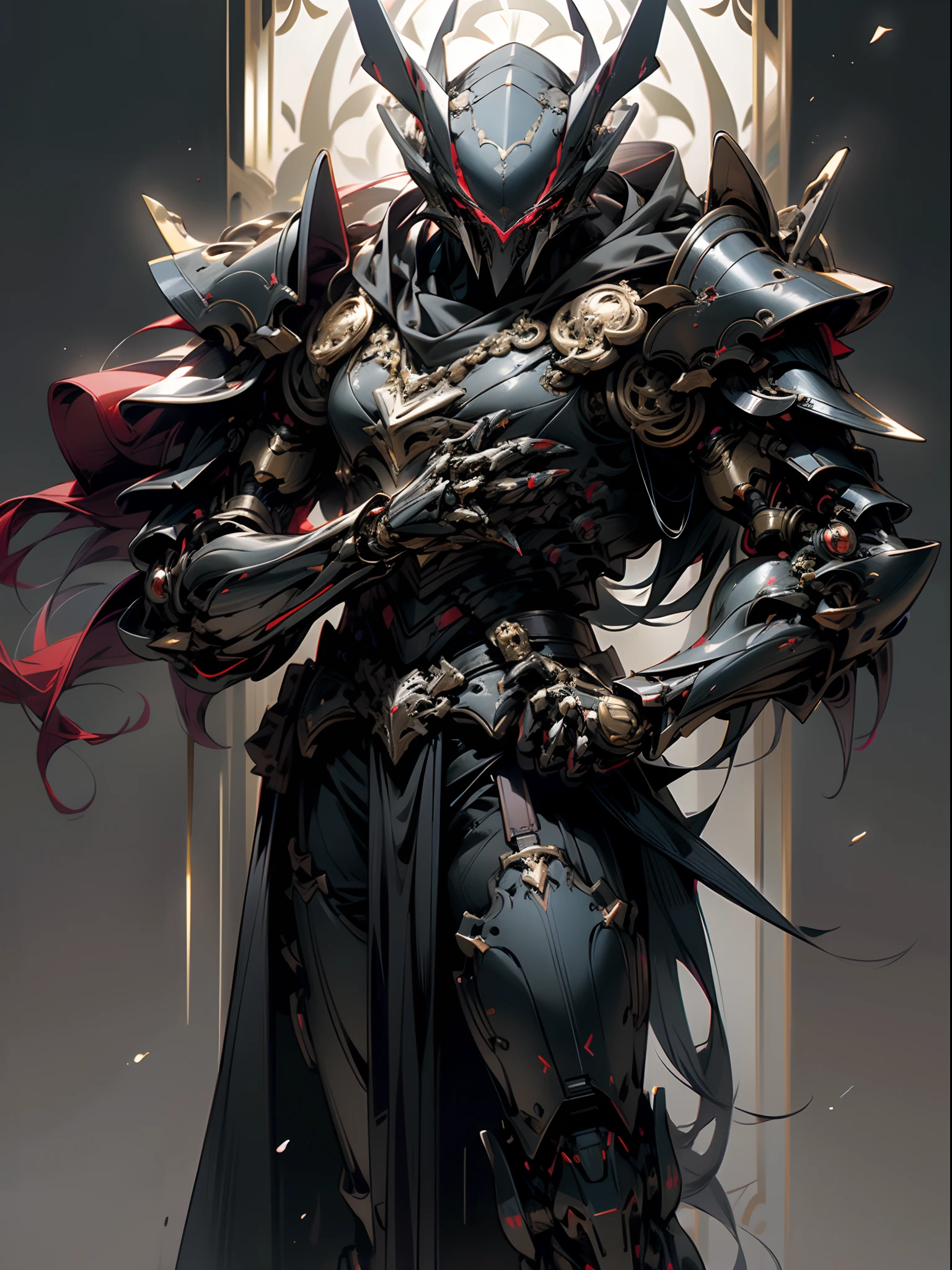 (Masterpiece, Best quality:1.2),Male,Good body construction，The king of anime,Lord of Shadows, Mechanical body,Lord of the Void,Humanoid bodies，Command the dark forces, Pitch-black armor,Red outline, Red fluorescence，sharp talons，Wearing a tattered black cloak, nakeness，The loincloth flutters，Mechanical armor, Mechanical Wonder,highest quality digital art, stunning art, Wallpaper 4k,8K,64k, HD, Unbeatable masterpiece, Dynamic lighting, Cinematic, Epic