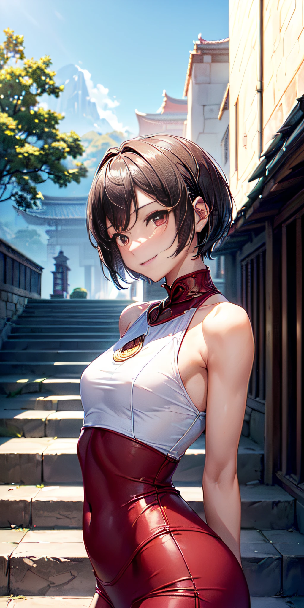 seen from any of the 4 cardinal points, wallpaper, ((((ganyudef)) upper body, 22years old, slim build, shapely body, short hair, smile, blush, outdoors, day)), (background: simple, blue sky, sky, temple, looking at viewer, stairs , mountain), rear side lighting, ((intricate details)),