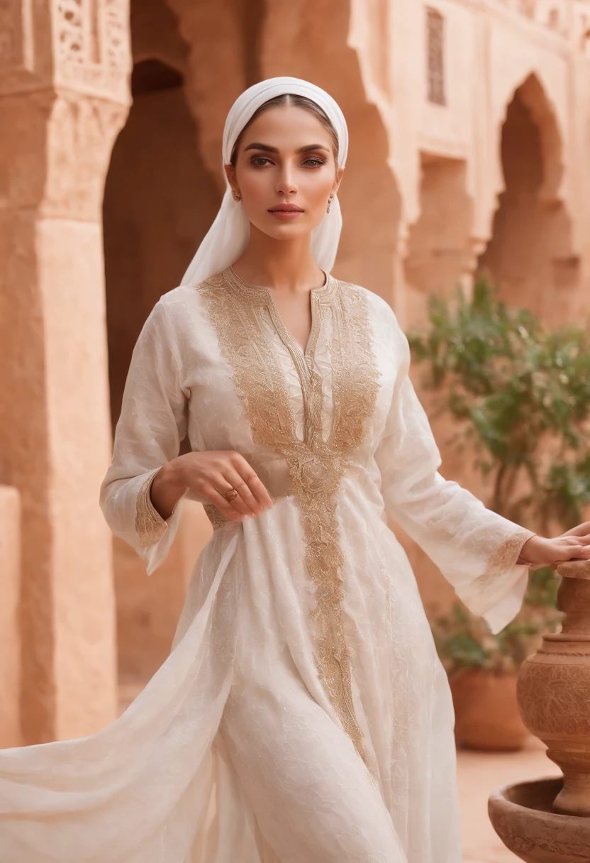 Middle eastern women, Protector leader, With long white hair  and white skin,white dress, Wear full Moroccan uniform, Strong Body,Looking at the screen. highest quality, A 4K resolution, A highly detailed, and realistic pictures, Capture every intricate detail. The artwork resembles a traditional oil painting, With bright colors and a palette that reflects the warm colors of the Moroccan Sahara. The lighting is soft but illuminates the woman face, Display the deep lines and wisdom engraved on his features. surrounding her, Intricate patterns and motifs highlight Morocco's rich culture. The scene is set in a beautiful Moroccan garden, Filled with lush foliage, Blooming flowers, Water fountains workshops. The garden creates a calm and calm atmosphere, The old man wraps around in a tranquil oasis.