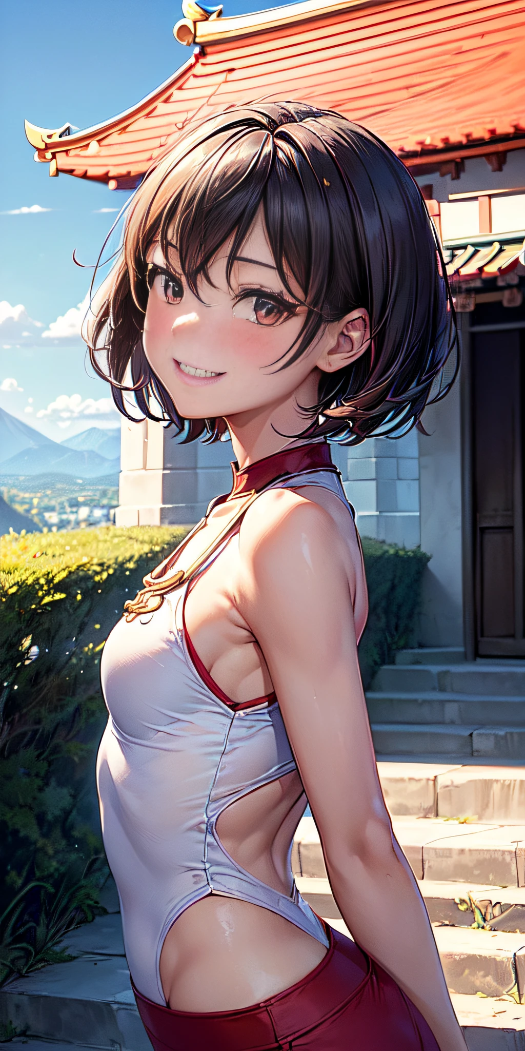 seen from any of the 4 cardinal points, wallpaper, ((((ganyudef)) upper body, 22years old, slim build, shapely body, short hair, smile, blush, outdoors, day)), (background: simple, blue sky, sky, temple, looking at viewer, stairs , mountain), rear side lighting, ((intricate details)),